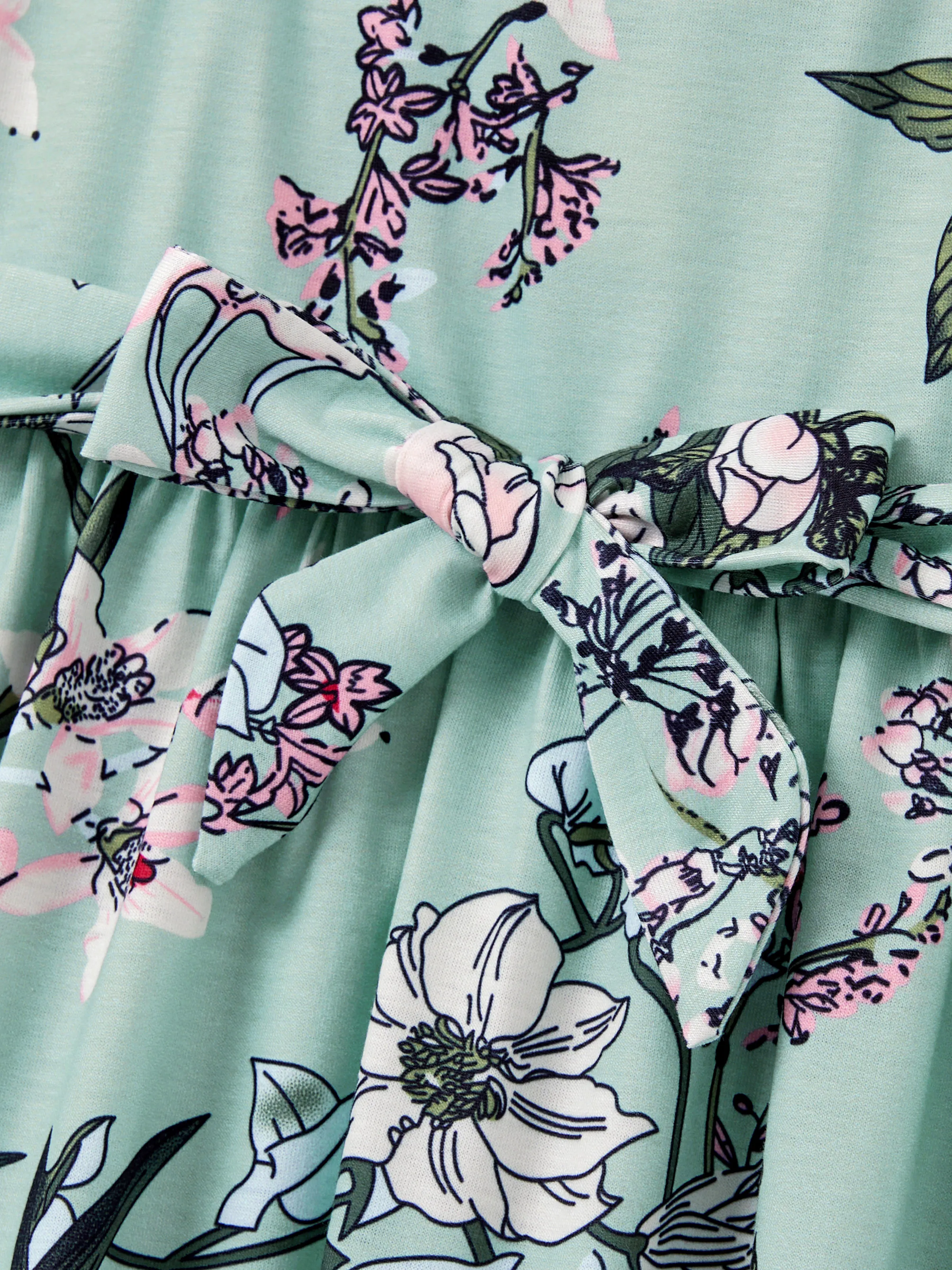 Mommy & me Sets Green Striped Polo Shirt or Flora Print Strap Belted Dress Light Green - Image 12