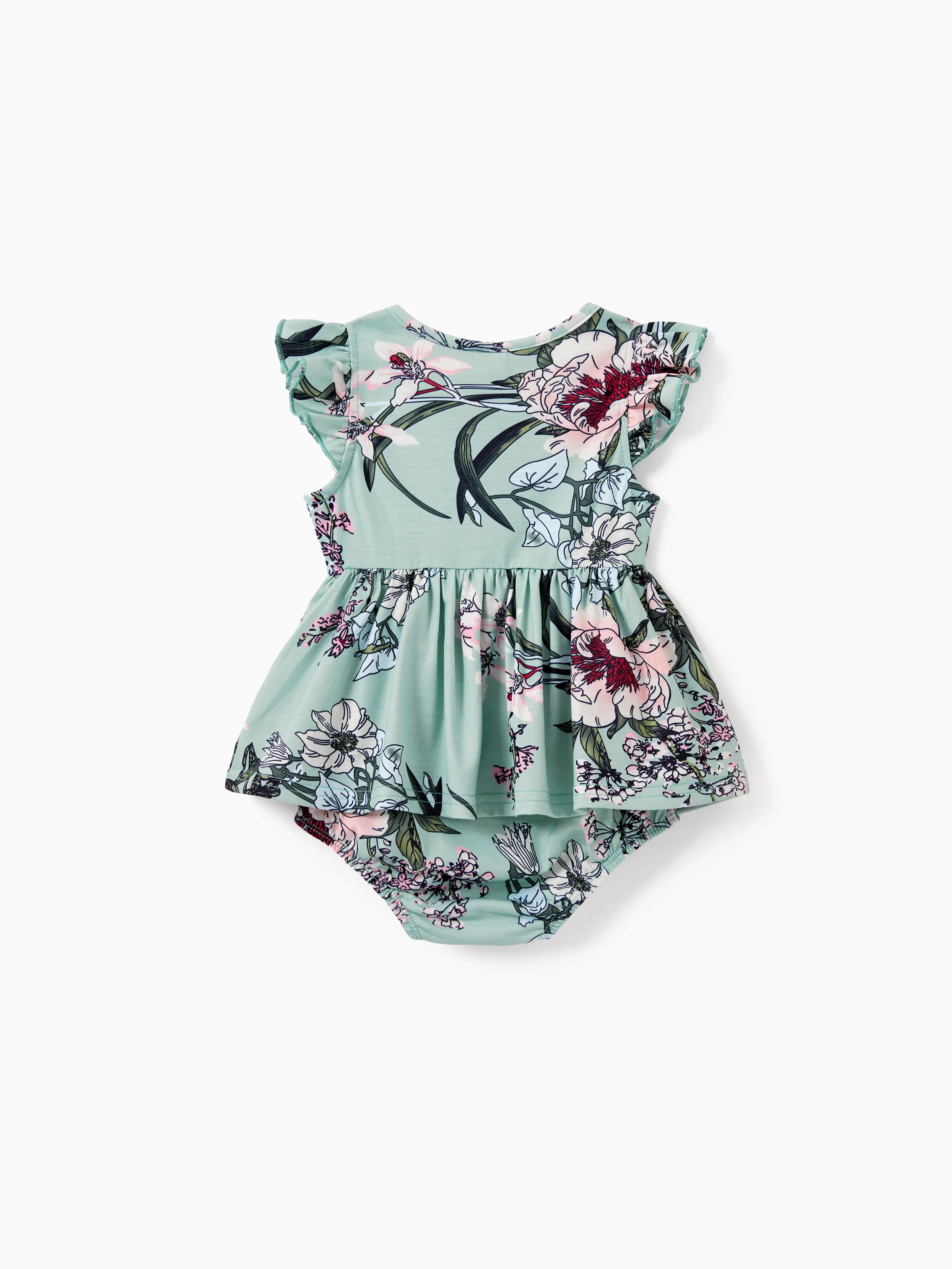 Mommy & me Sets Green Striped Polo Shirt or Flora Print Strap Belted Dress Light Green - Image 14