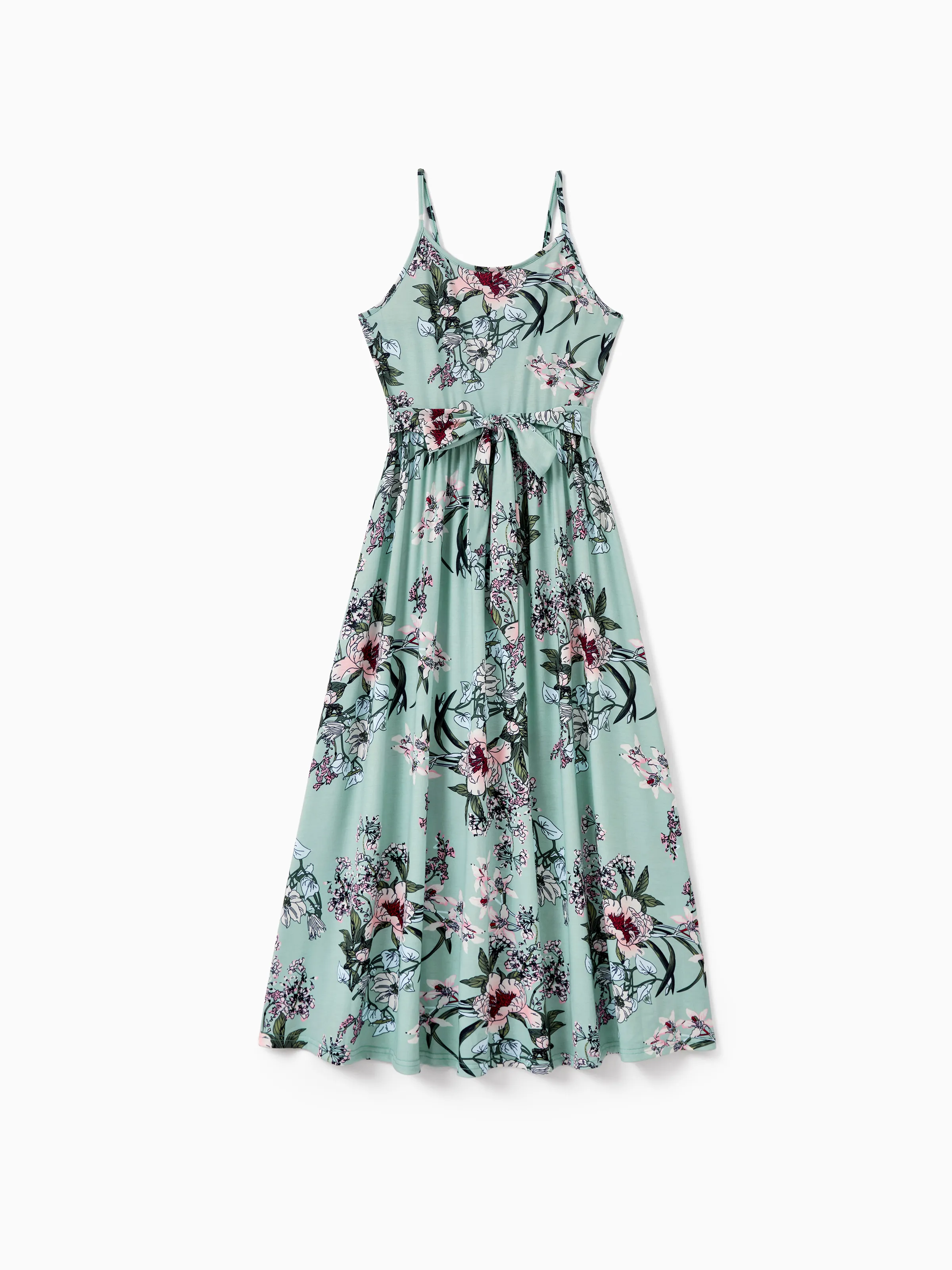 Mommy & me Sets Green Striped Polo Shirt or Flora Print Strap Belted Dress Light Green - Image 3
