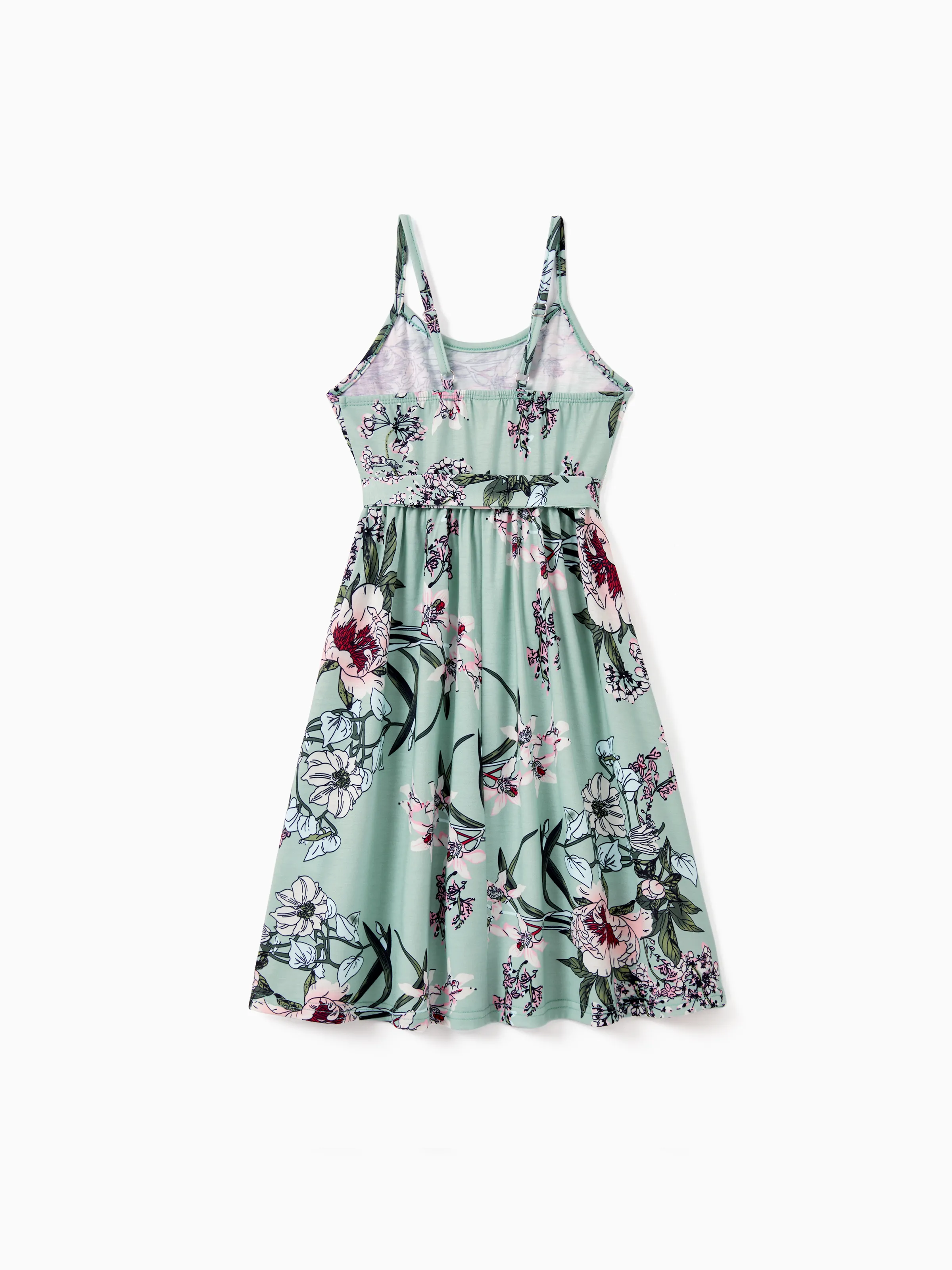 Mommy & me Sets Green Striped Polo Shirt or Flora Print Strap Belted Dress Light Green - Image 9