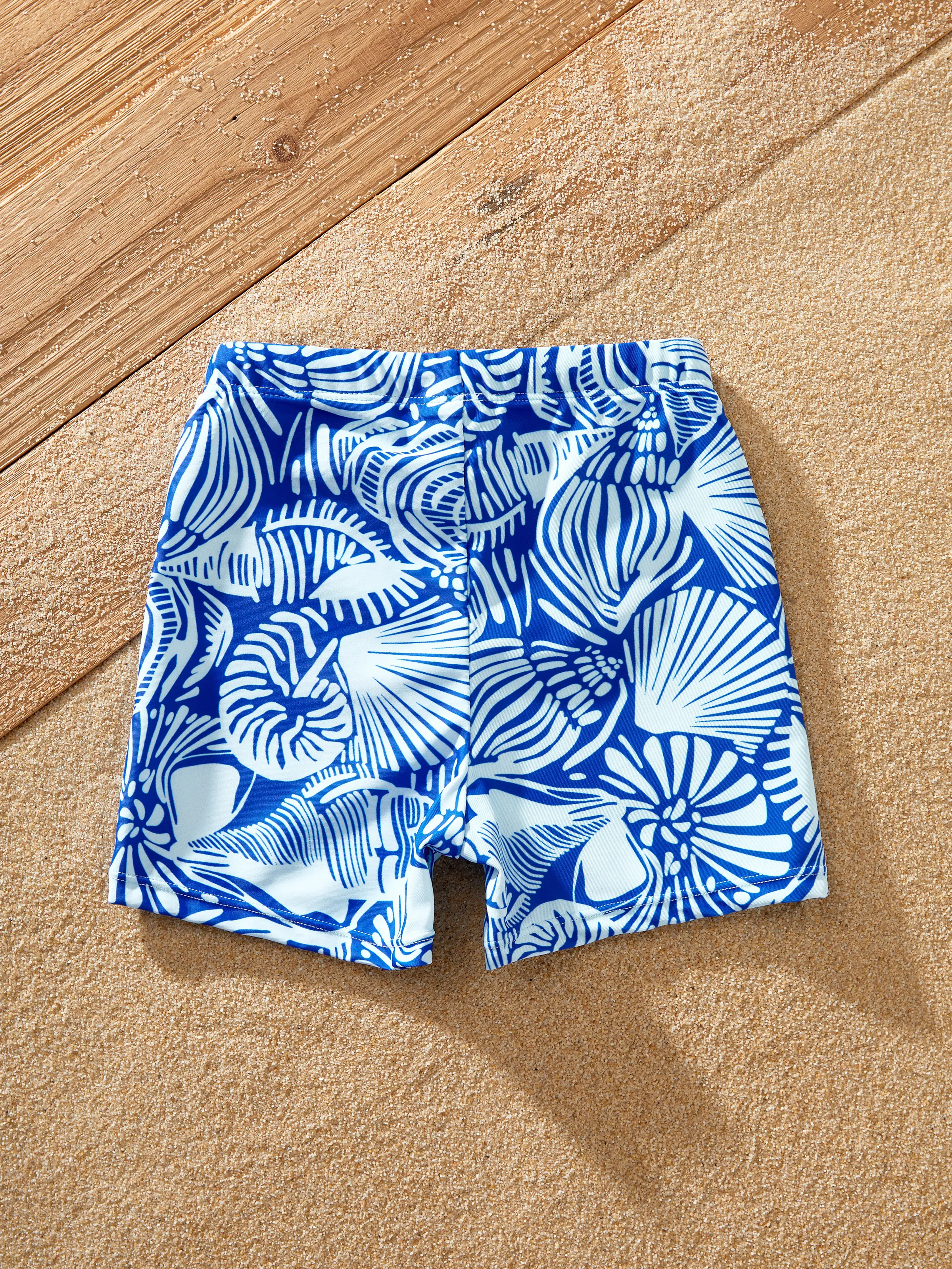Mommy & me Shell Print Swimwear Floral two-piece Bikini & Swim Shorts Set for Mom, Dad, & Kids, Perfect for Beach Days & Pool Parties Blue - Image 21