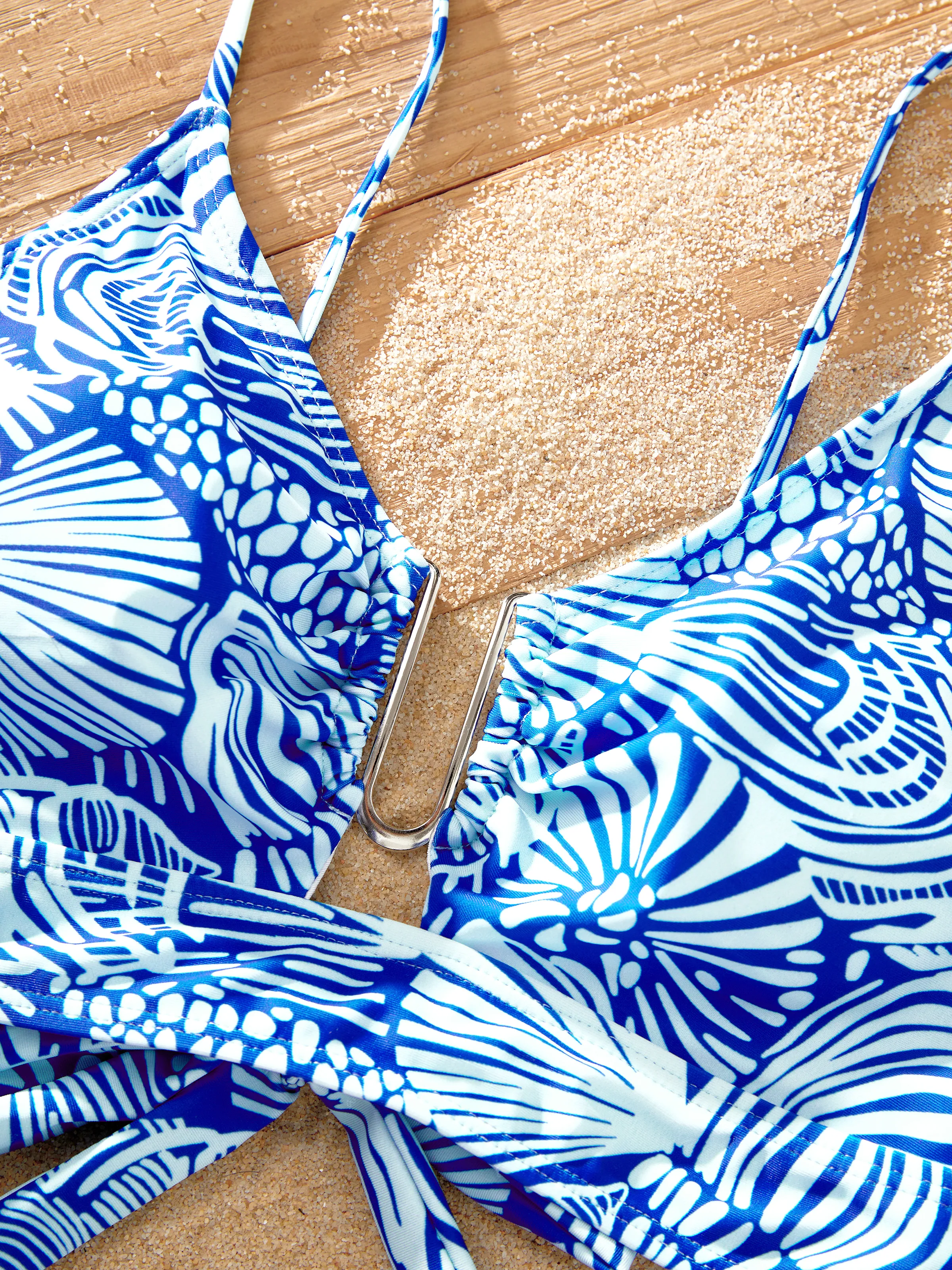 Mommy & me Shell Print Swimwear Floral two-piece Bikini & Swim Shorts Set for Mom, Dad, & Kids, Perfect for Beach Days & Pool Parties Blue - Image 8