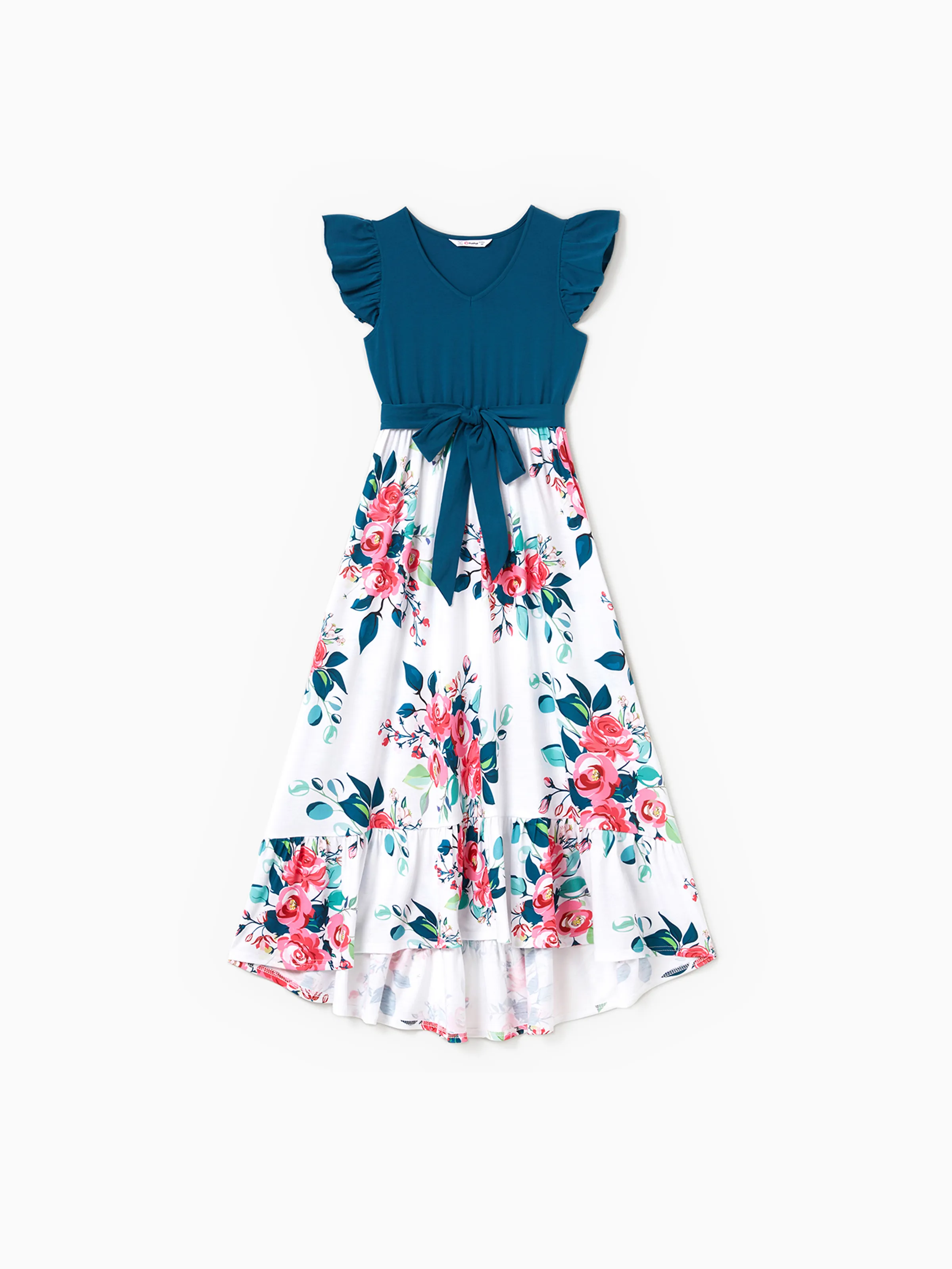 Mommy & me Solid V Neck Flutter-sleeve Splicing Floral Print Dresses  Sets Azure- - Image 4