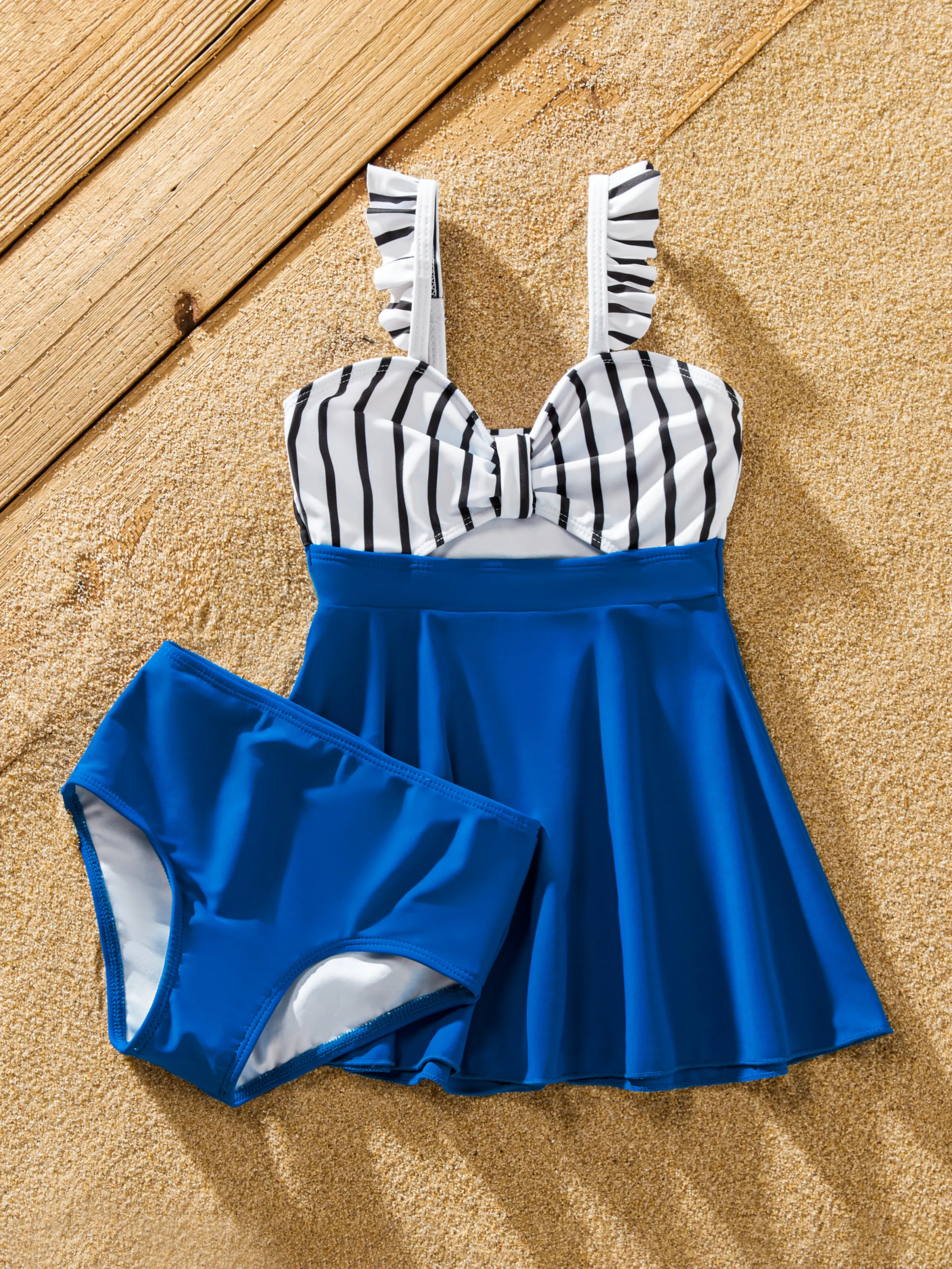 Mommy & me Swimsuit Striped Blue Spliced Tankini with Cross-Front, Tie-Back, and Thin Straps Color block - Image 9