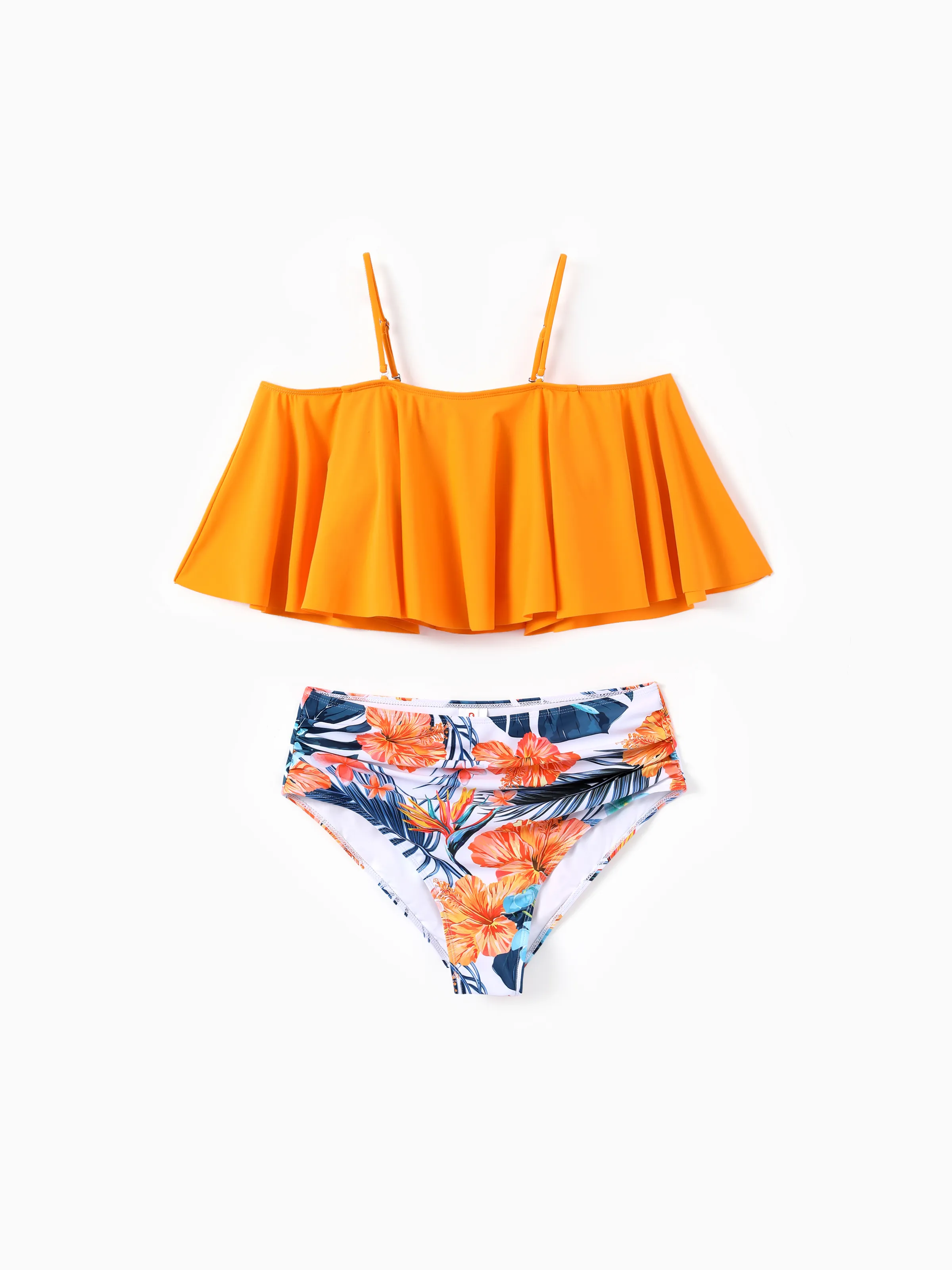 Mommy & me Swimwear Tropical Floral Bikini Set with Ruffle Top for Mom & Daughter, Board Shorts for Dad & Son, Bright Summer Beach Outfits Orange - Image 3