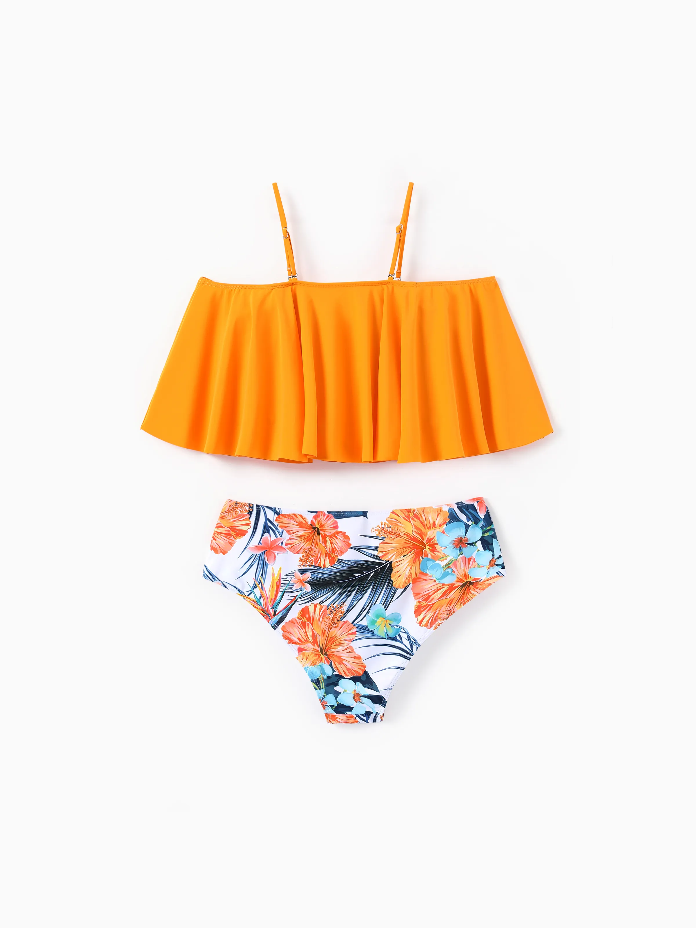 Mommy & me Swimwear Tropical Floral Bikini Set with Ruffle Top for Mom & Daughter, Board Shorts for Dad & Son, Bright Summer Beach Outfits Orange - Image 4