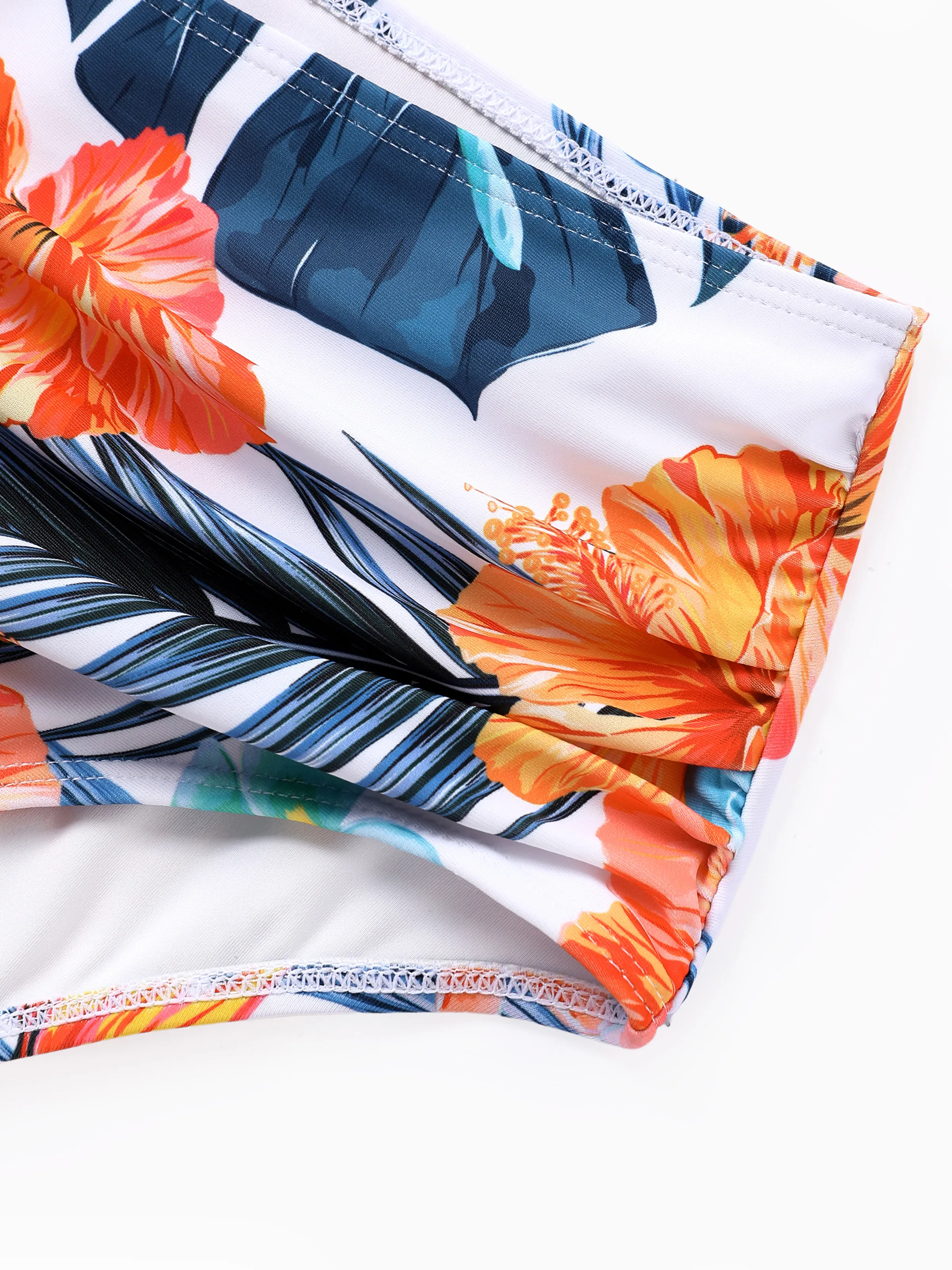 Mommy & me Swimwear Tropical Floral Bikini Set with Ruffle Top for Mom & Daughter, Board Shorts for Dad & Son, Bright Summer Beach Outfits Orange - Image 7