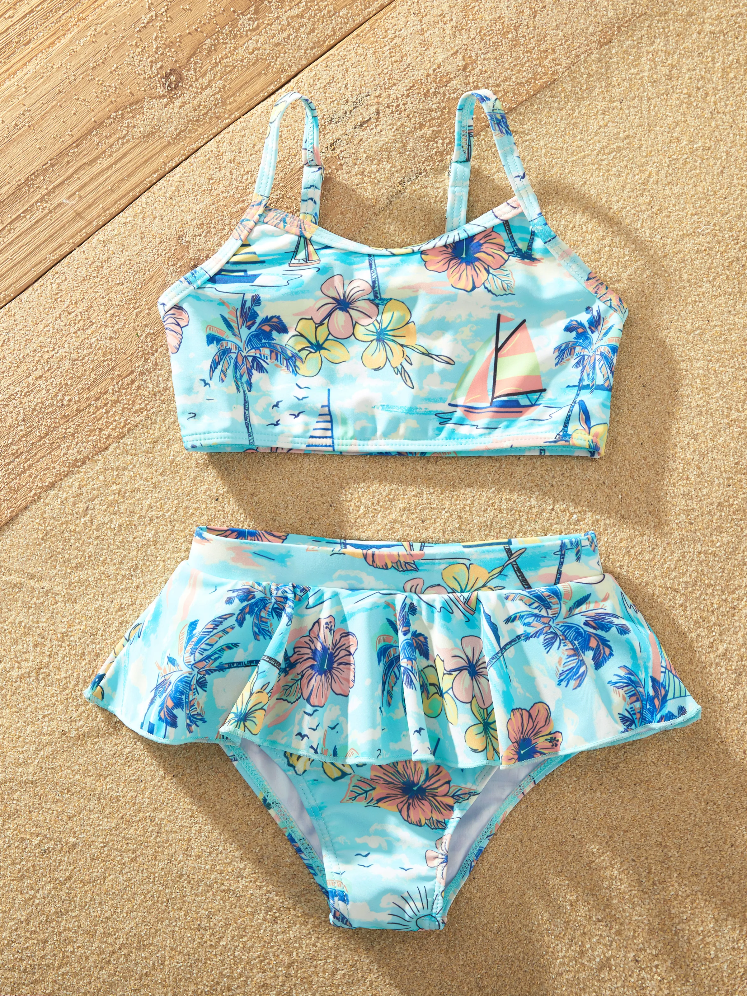 Mommy & me Swimwear Tropical Print, Mommy Tie-front Cutout One-piece Swimsuit, Girl two-piece Swimsuit Daddy & Son Swim Trunks Set for Summer Beach Vacation Light Blue - Image 13
