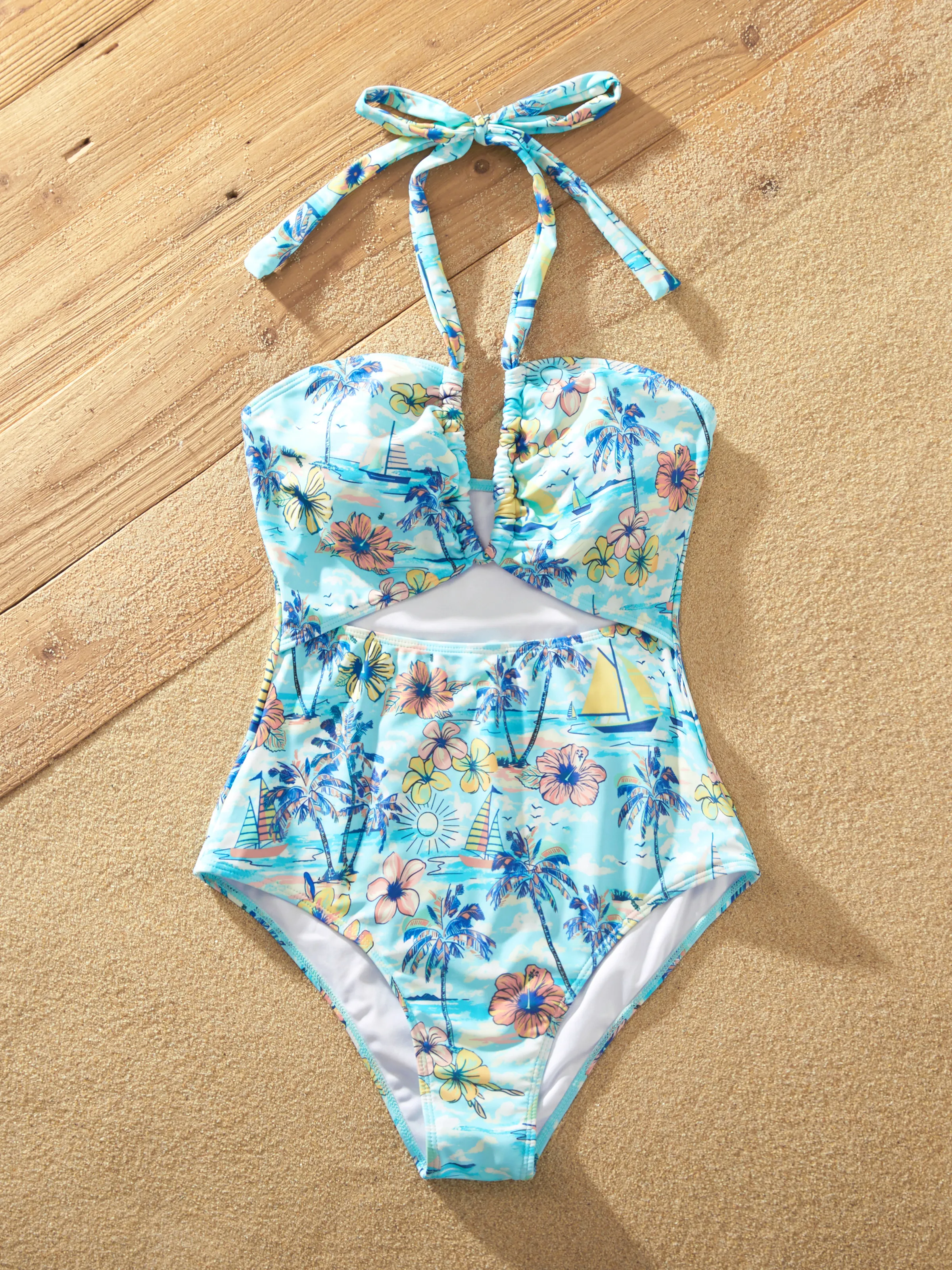 Mommy & me Swimwear Tropical Print, Mommy Tie-front Cutout One-piece Swimsuit, Girl two-piece Swimsuit Daddy & Son Swim Trunks Set for Summer Beach Vacation Light Blue - Image 6