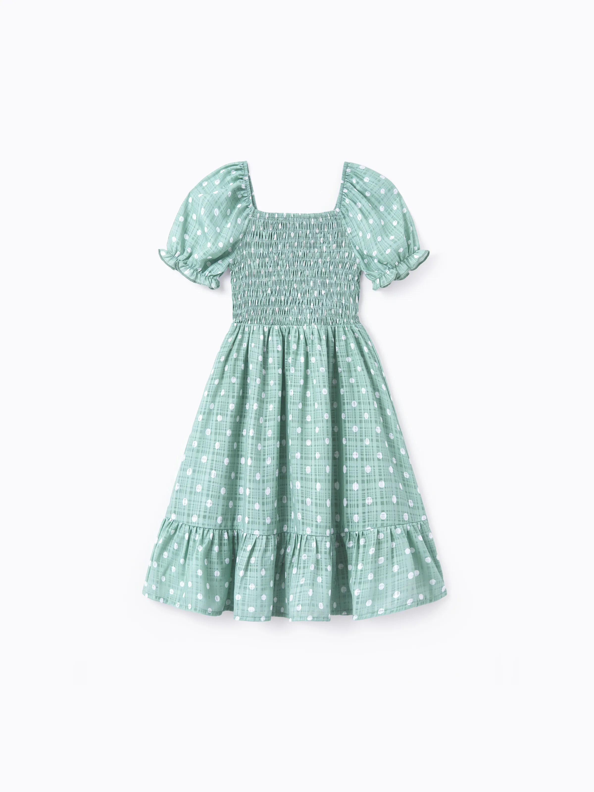 Mommy & me T-Shirt & Dress Set Polka Dot Puff-sleeve Dress for Mom, Daughter & Baby, Color Block Cotton Tee for Dad & Son, Perfect for Family Outings & Photos Light Green - Image 14