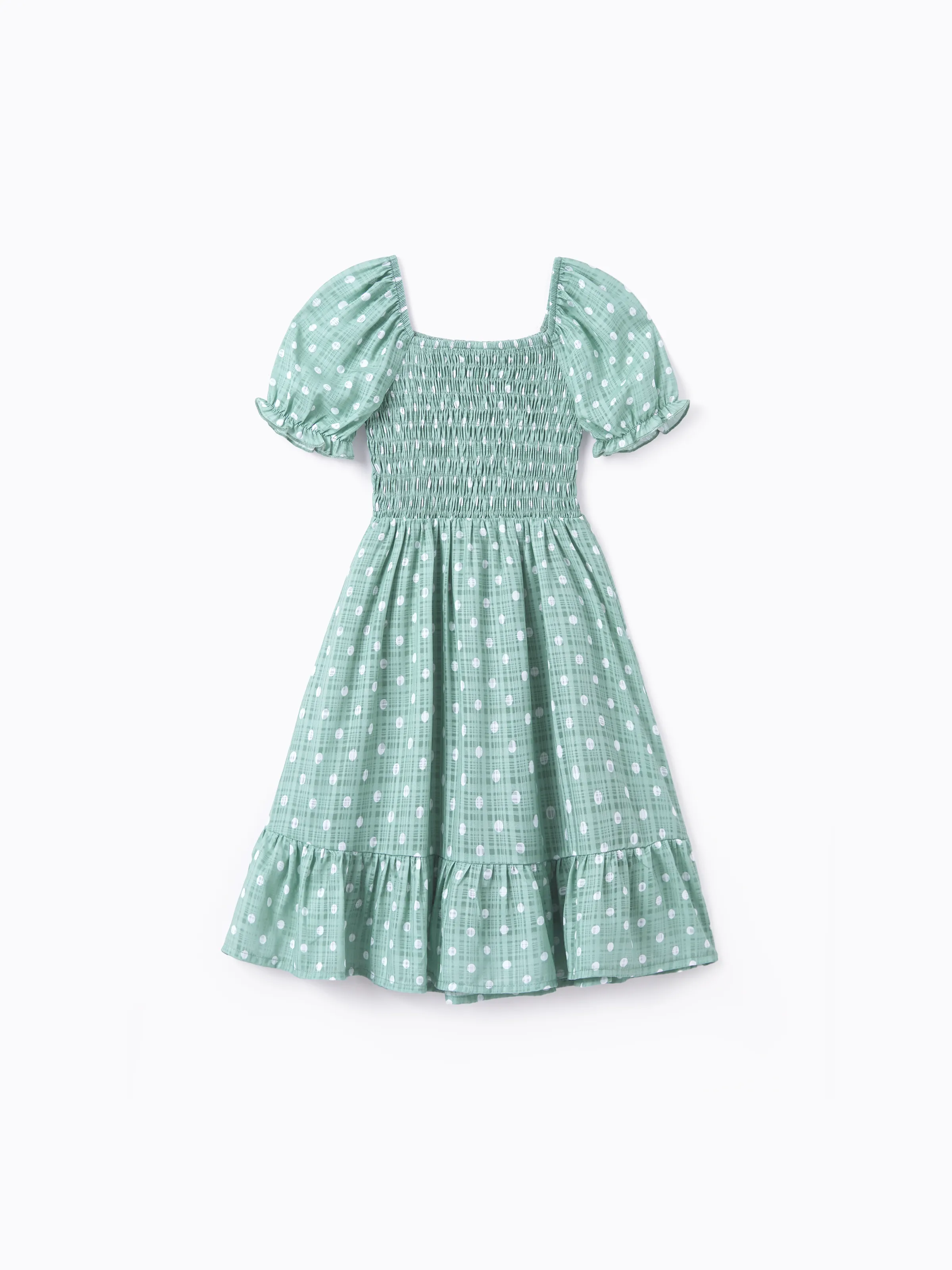 Mommy & me T-Shirt & Dress Set Polka Dot Puff-sleeve Dress for Mom, Daughter & Baby, Color Block Cotton Tee for Dad & Son, Perfect for Family Outings & Photos Light Green - Image 15