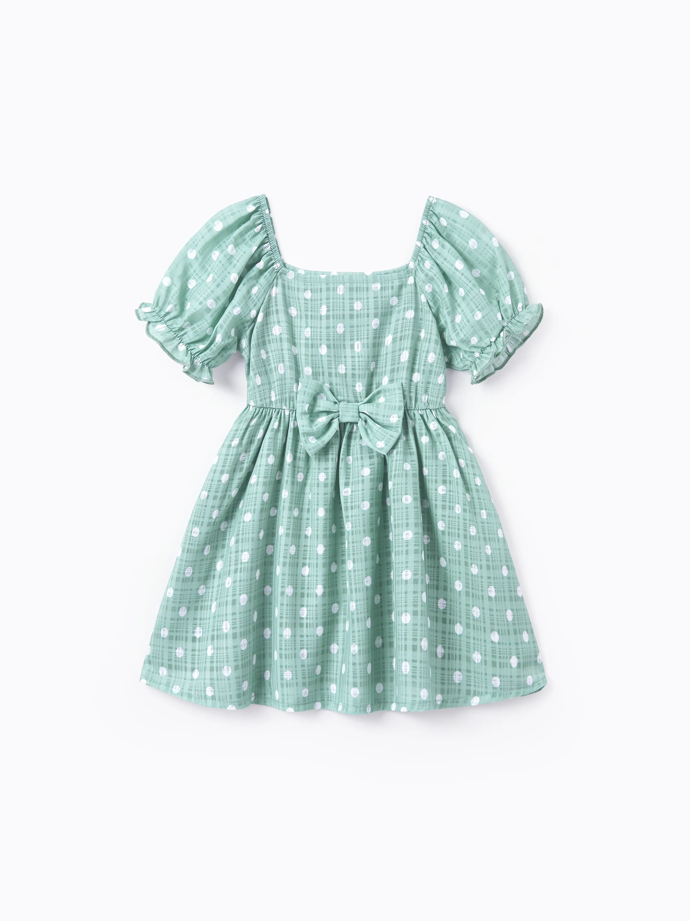Mommy & me T-Shirt & Dress Set Polka Dot Puff-sleeve Dress for Mom, Daughter & Baby, Color Block Cotton Tee for Dad & Son, Perfect for Family Outings & Photos Light Green - Image 19