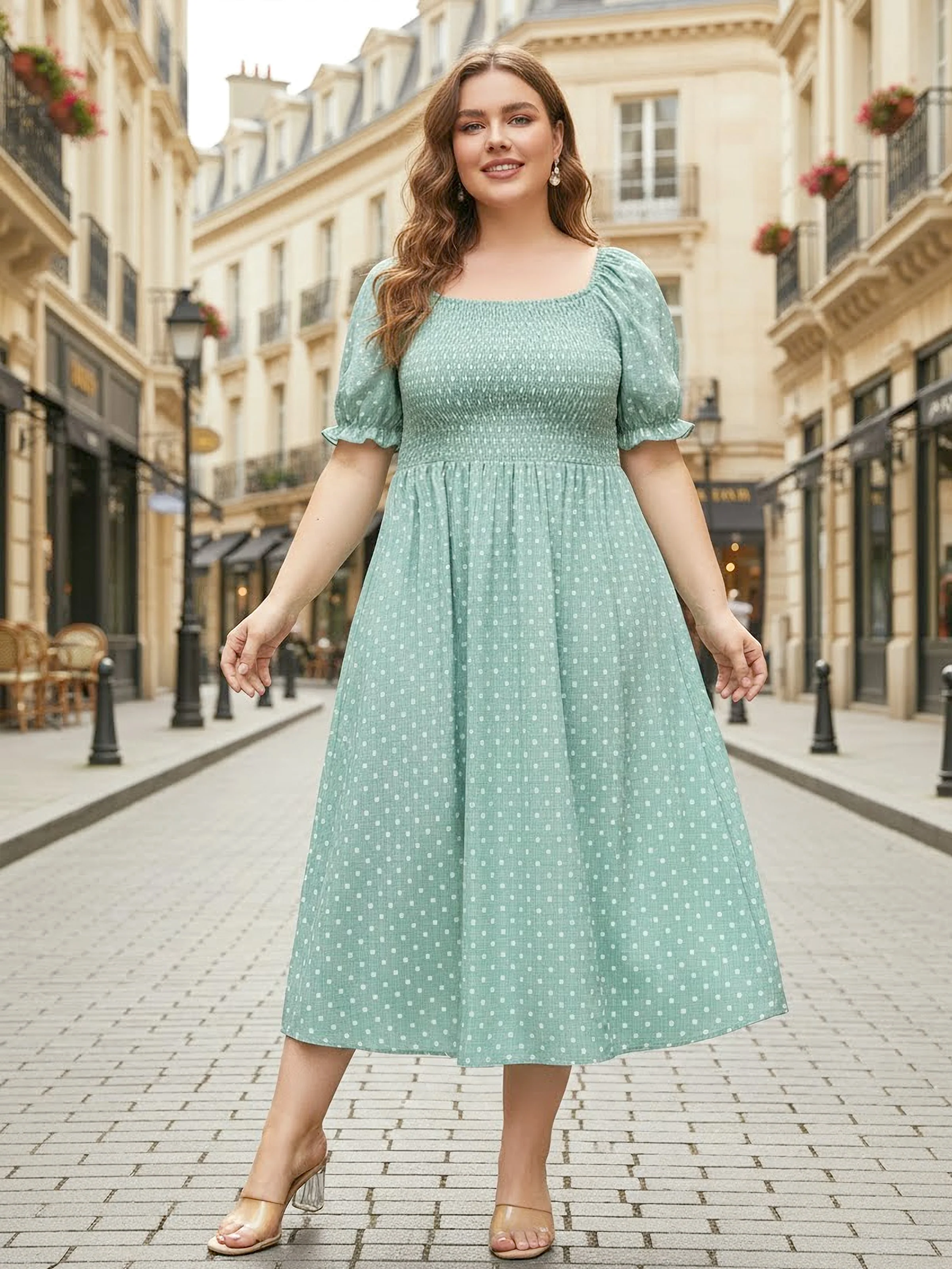 Mommy & me T-Shirt & Dress Set Polka Dot Puff-sleeve Dress for Mom, Daughter & Baby, Color Block Cotton Tee for Dad & Son, Perfect for Family Outings & Photos Light Green - Image 5