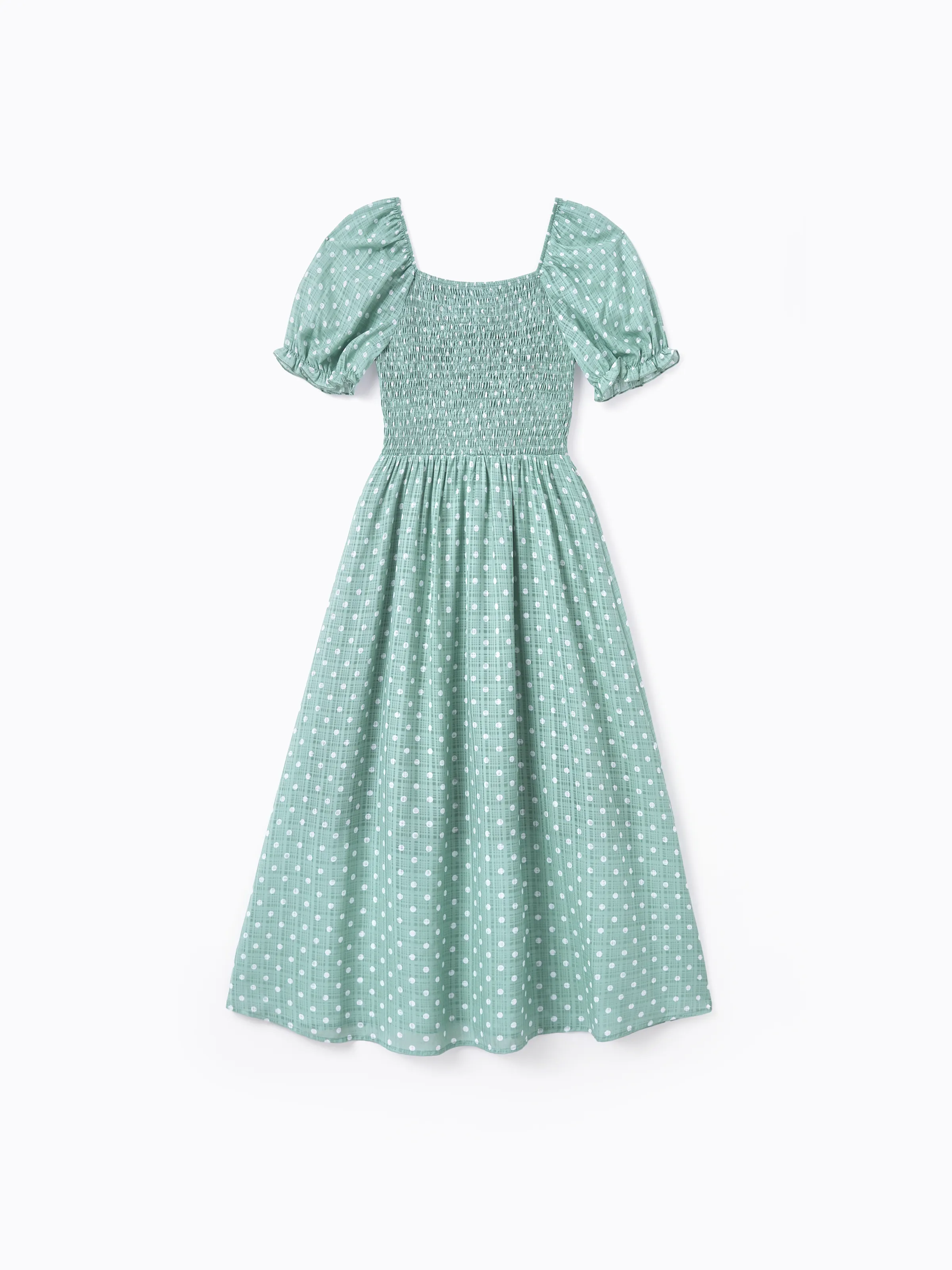 Mommy & me T-Shirt & Dress Set Polka Dot Puff-sleeve Dress for Mom, Daughter & Baby, Color Block Cotton Tee for Dad & Son, Perfect for Family Outings & Photos Light Green - Image 8