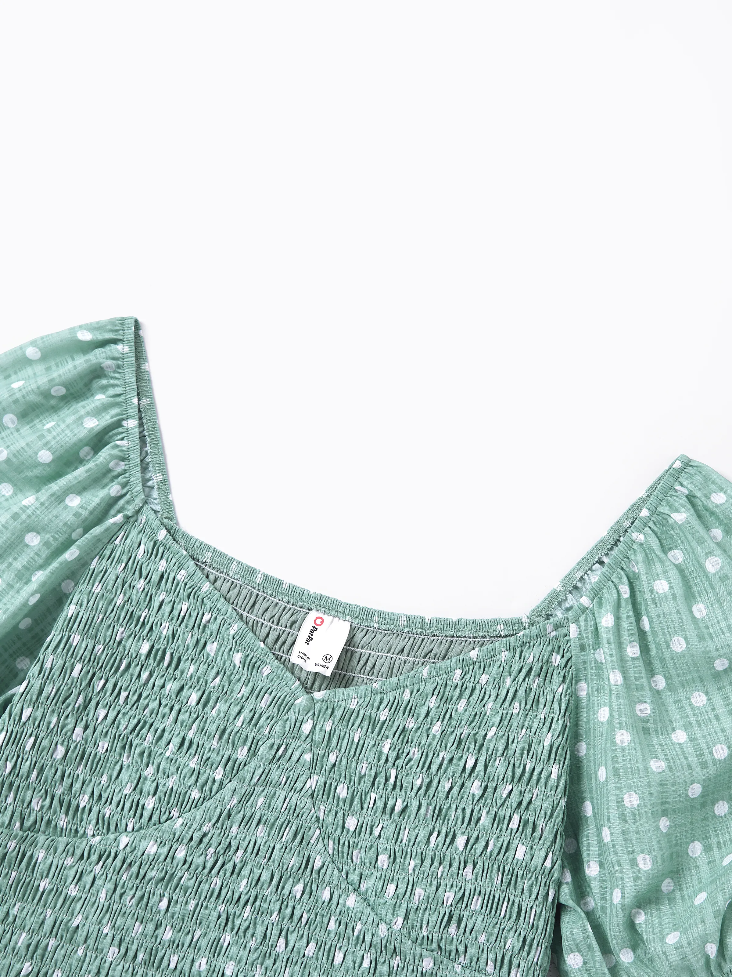 Mommy & me T-Shirt & Dress Set Polka Dot Puff-sleeve Dress for Mom, Daughter & Baby, Color Block Cotton Tee for Dad & Son, Perfect for Family Outings & Photos Light Green - Image 9