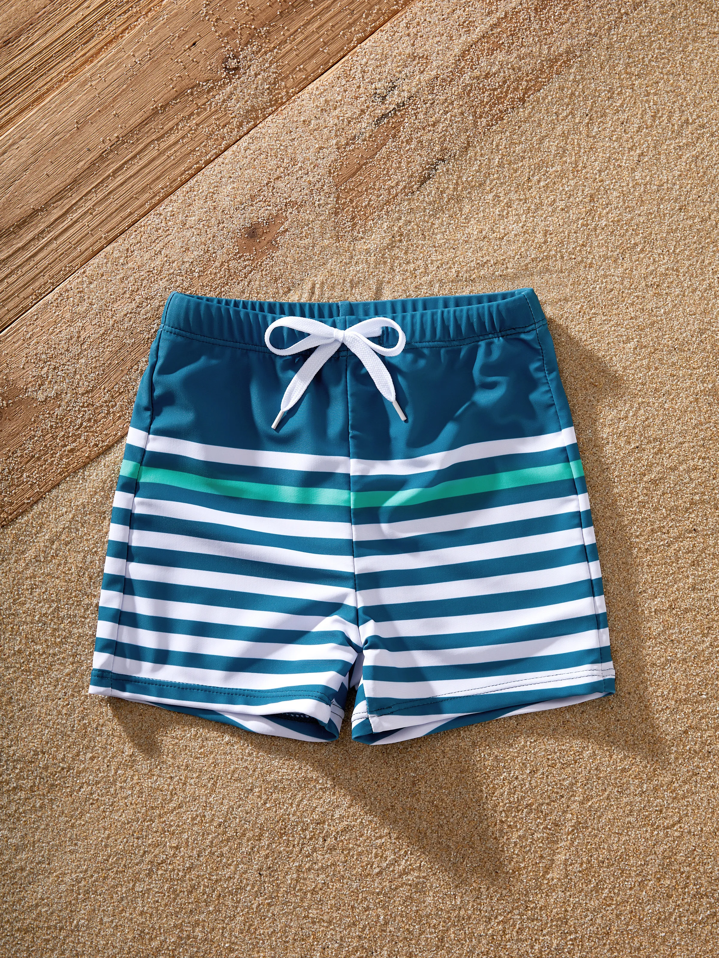 Mommy & me Teal Striped Swimsuits Ruched Bikini & Swim Trunks Set Multi-color - Image 13