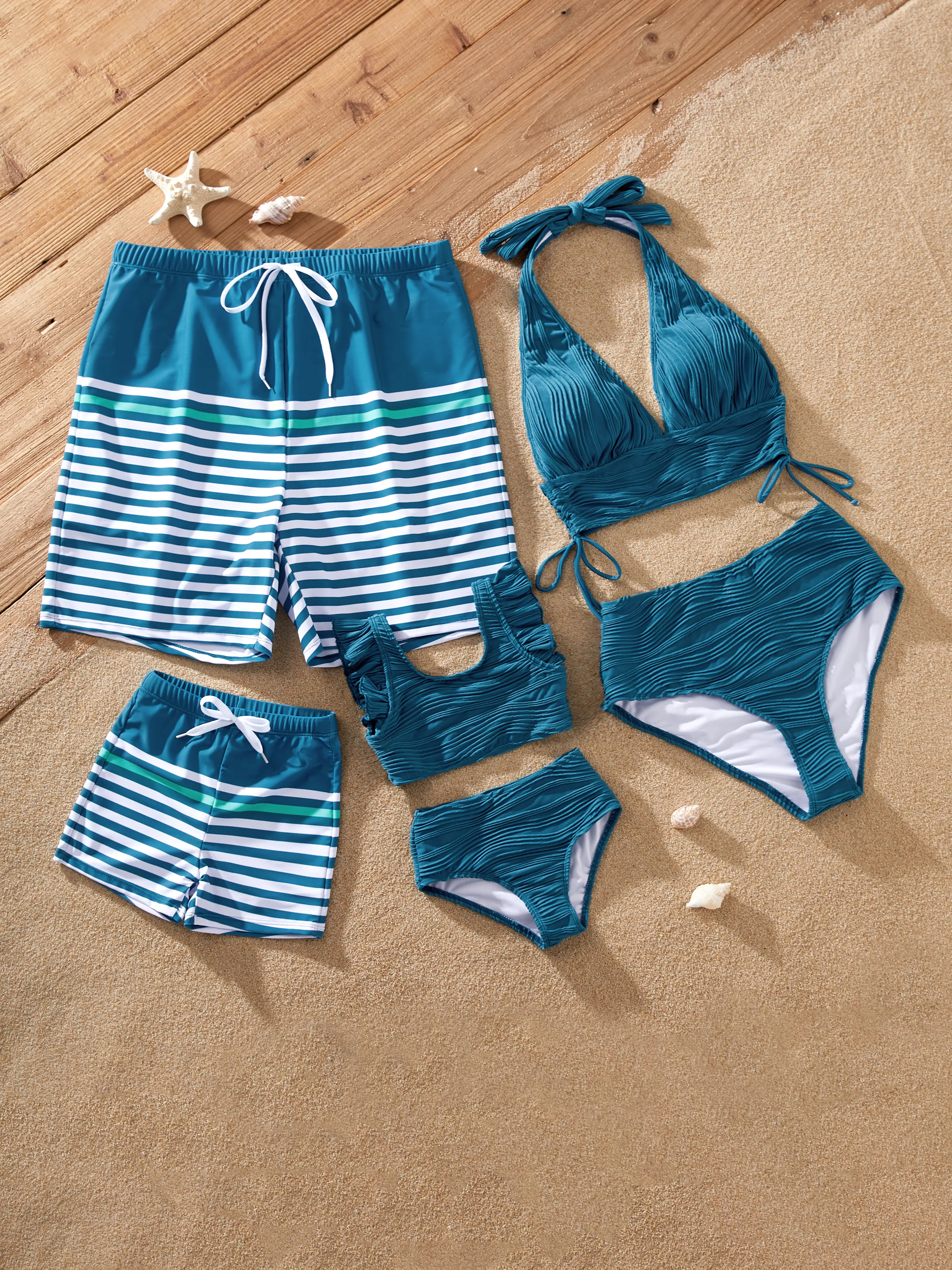 Mommy & me Teal Striped Swimsuits Ruched Bikini & Swim Trunks Set Multi-color - Image 2