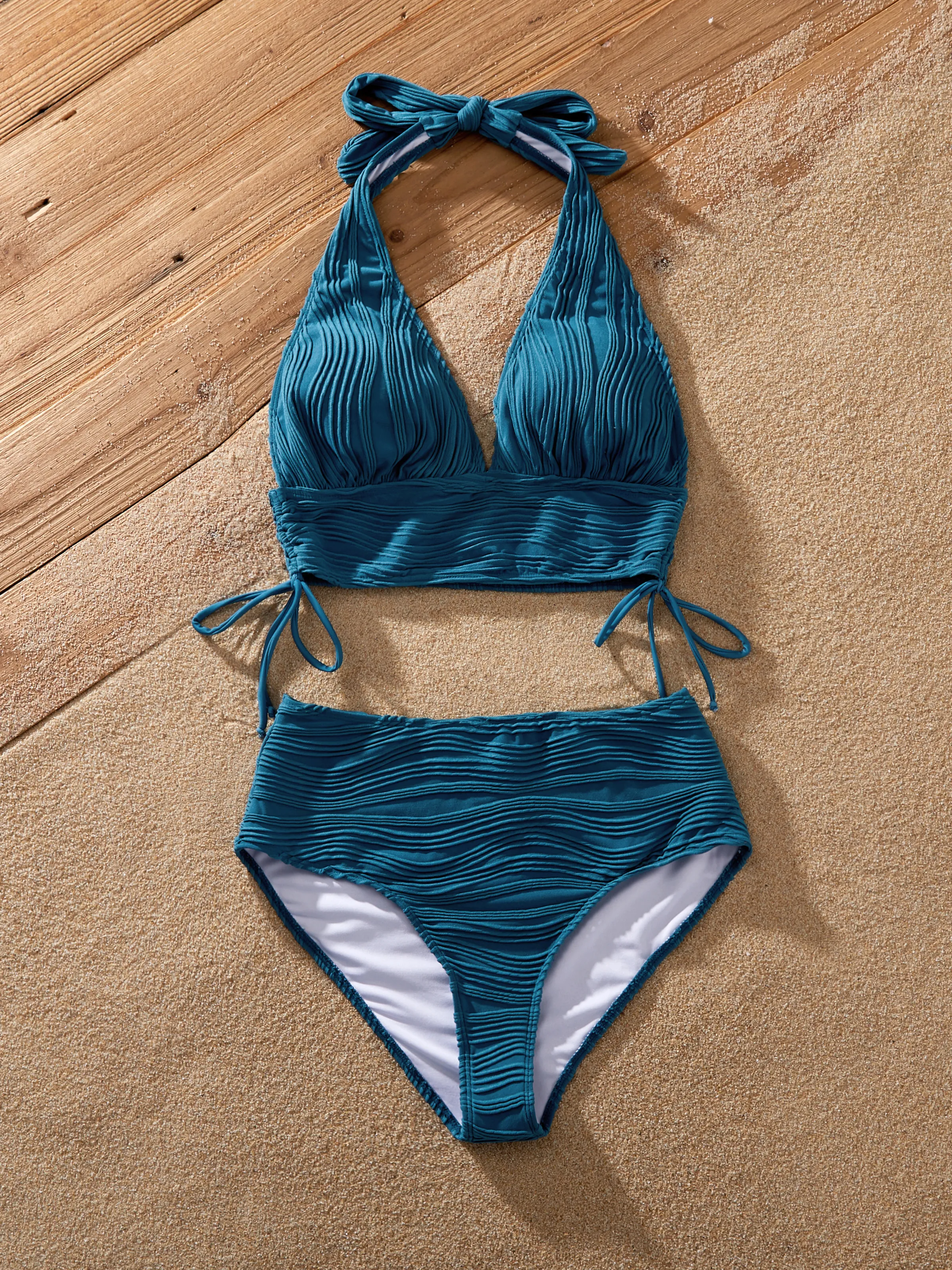 Mommy & me Teal Striped Swimsuits Ruched Bikini & Swim Trunks Set Multi-color - Image 3