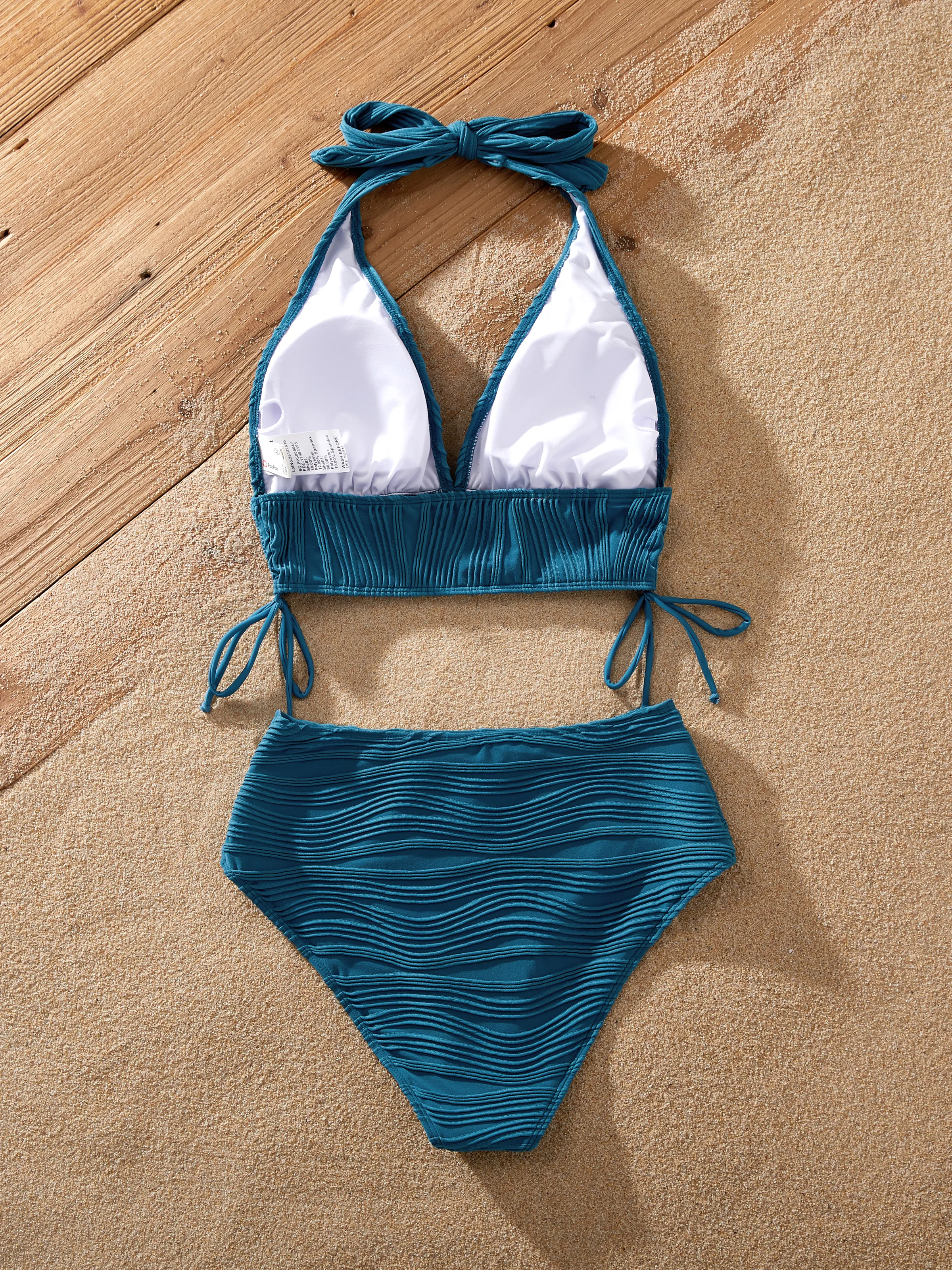 Mommy & me Teal Striped Swimsuits Ruched Bikini & Swim Trunks Set Multi-color - Image 4