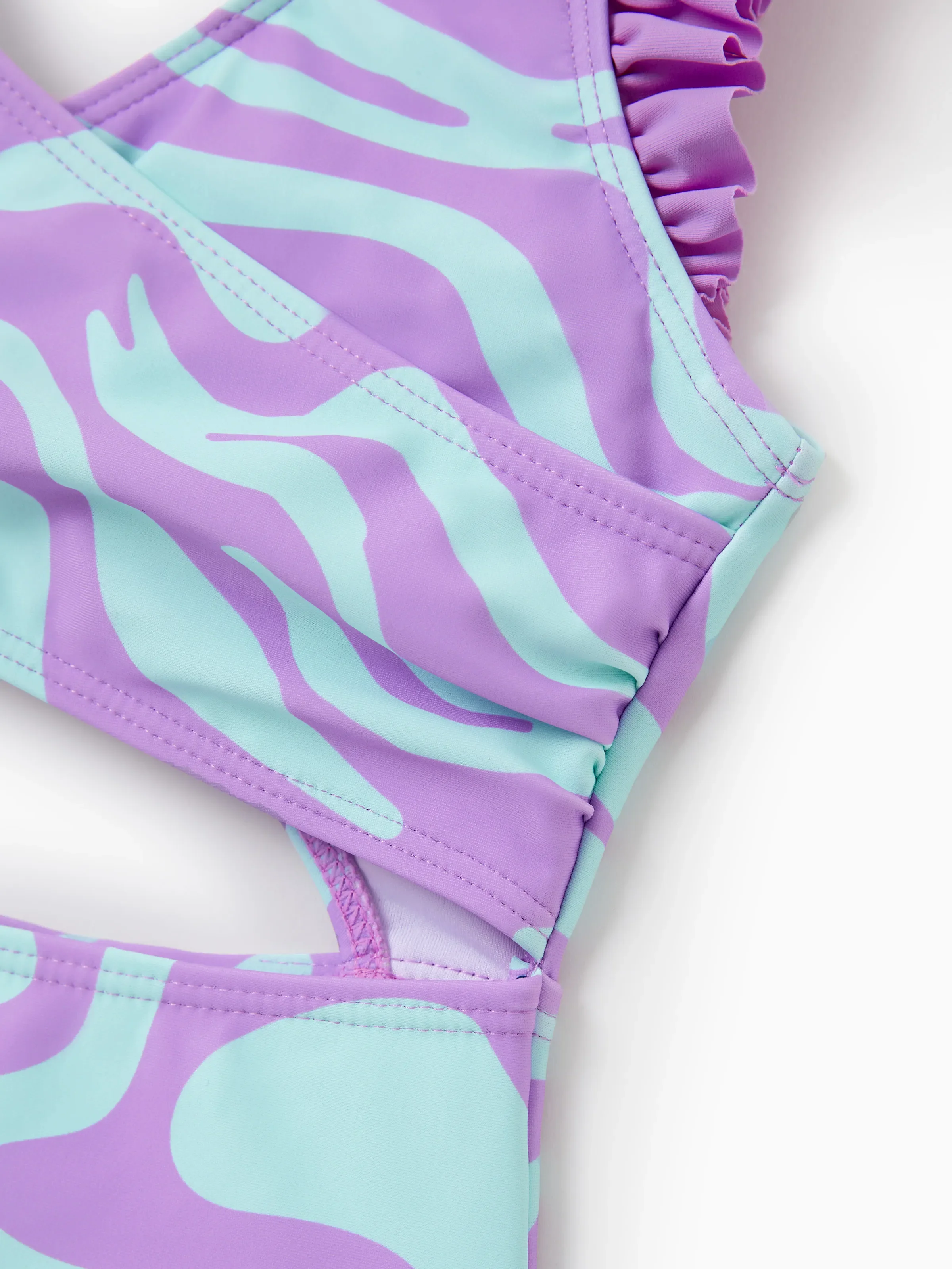Mommy & me Trendy Purple & Blue Wave Print Midriff Cutout One-Piece Swimsuit Purple - Image 11