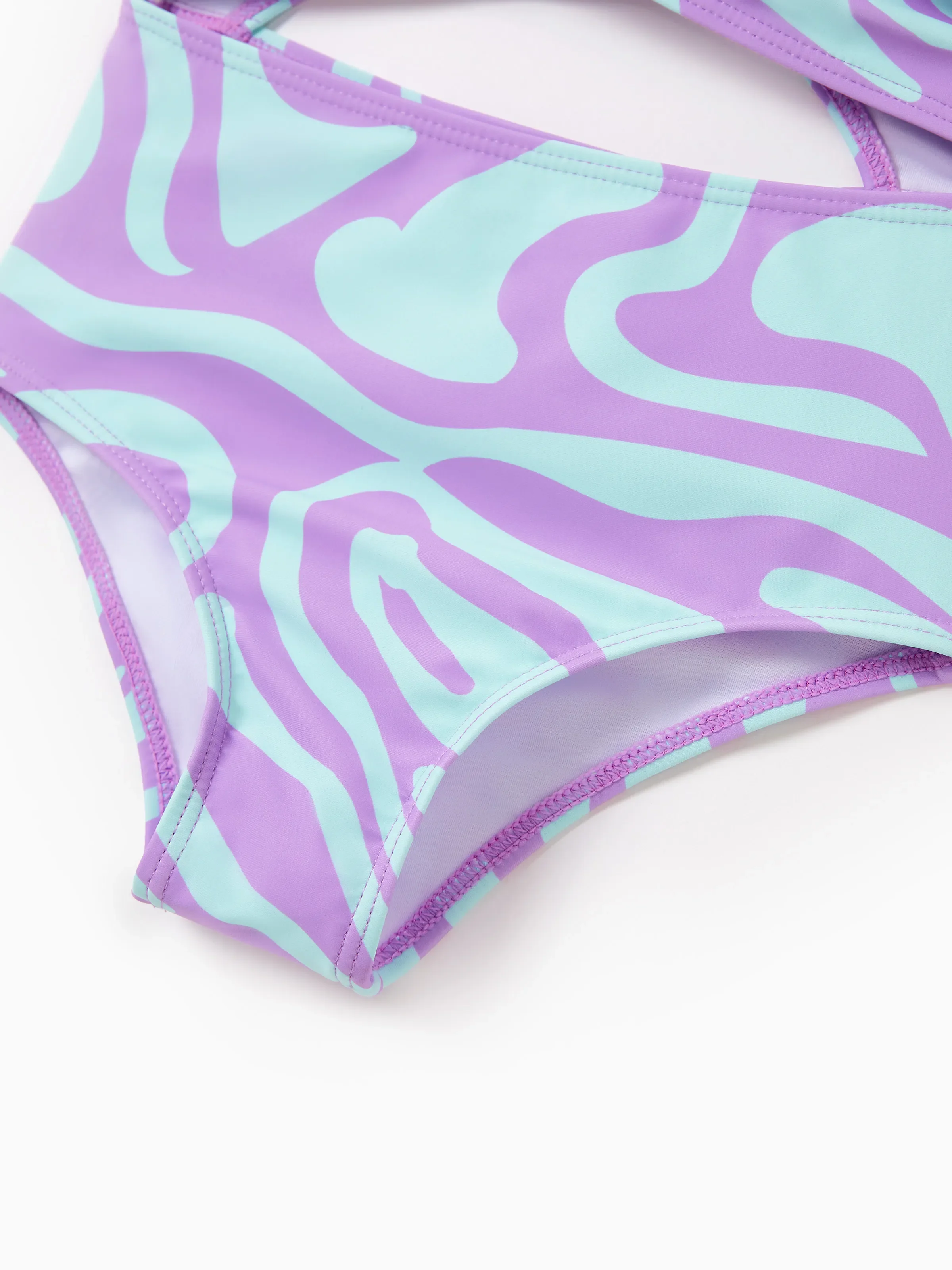 Mommy & me Trendy Purple & Blue Wave Print Midriff Cutout One-Piece Swimsuit Purple - Image 12