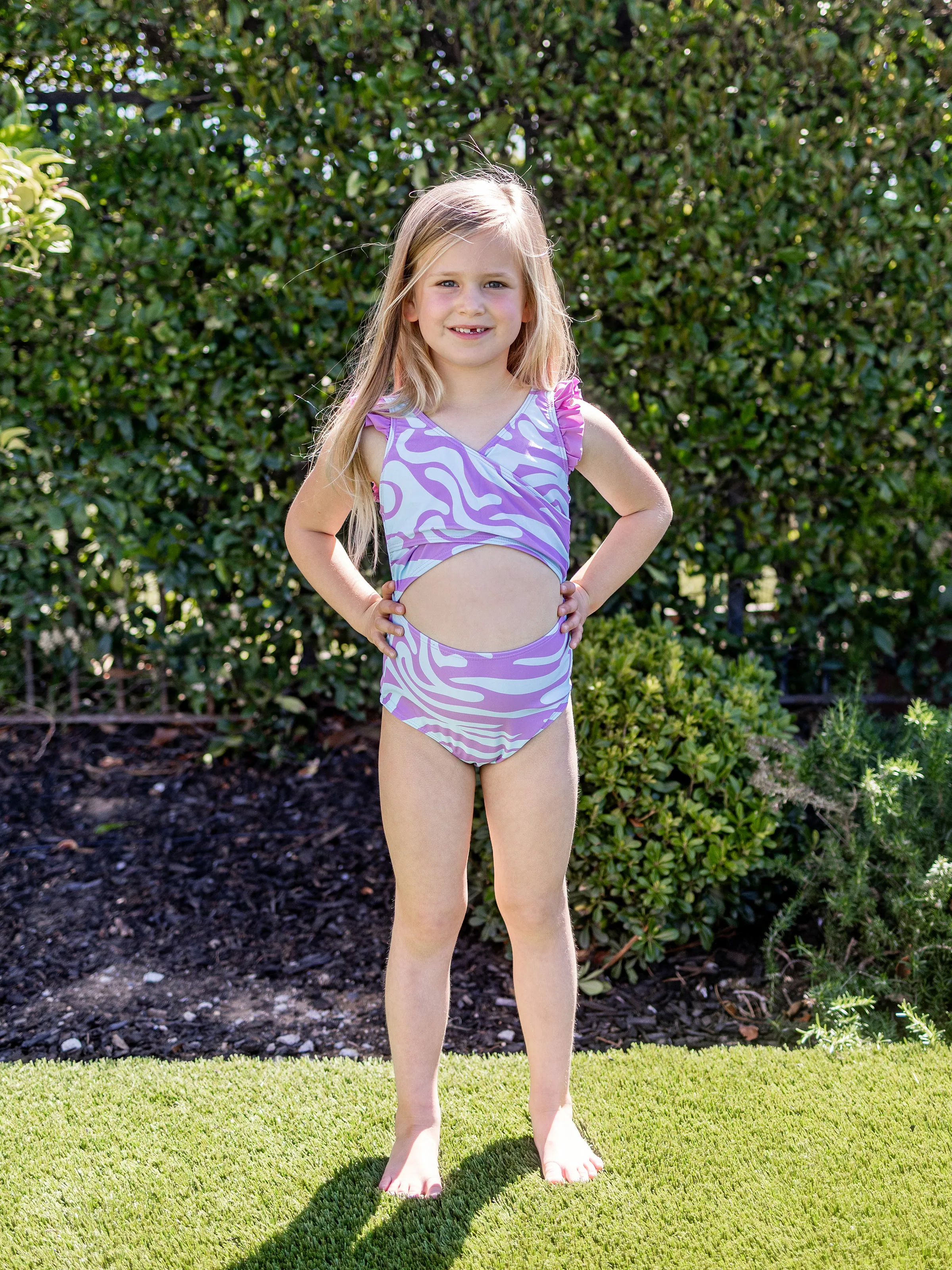 Mommy & me Trendy Purple & Blue Wave Print Midriff Cutout One-Piece Swimsuit Purple - Image 8