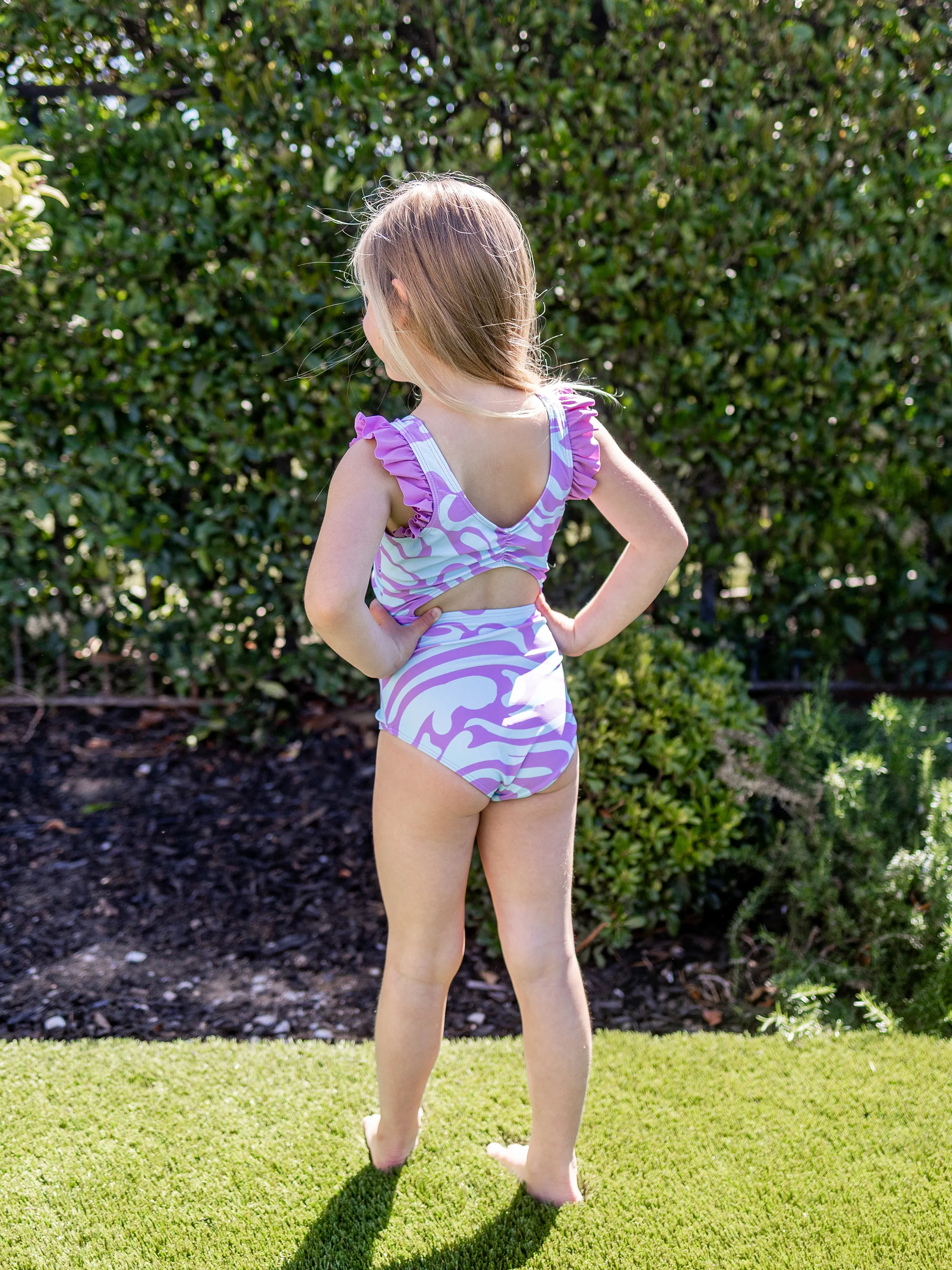 Mommy & me Trendy Purple & Blue Wave Print Midriff Cutout One-Piece Swimsuit Purple - Image 9