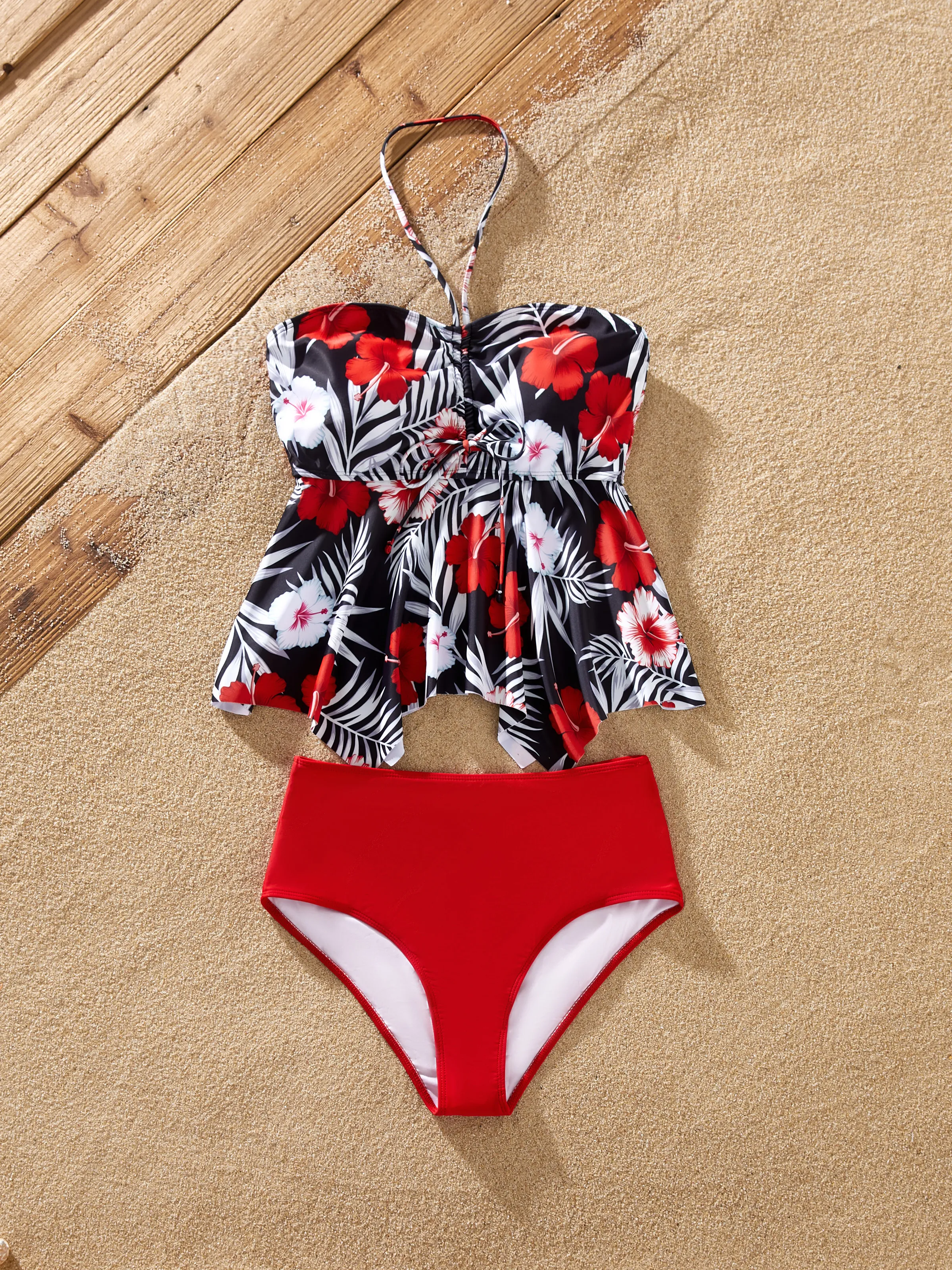 Mommy & me Tropical Floral 2 Pieces Halter Swimsuit Black - Image 6