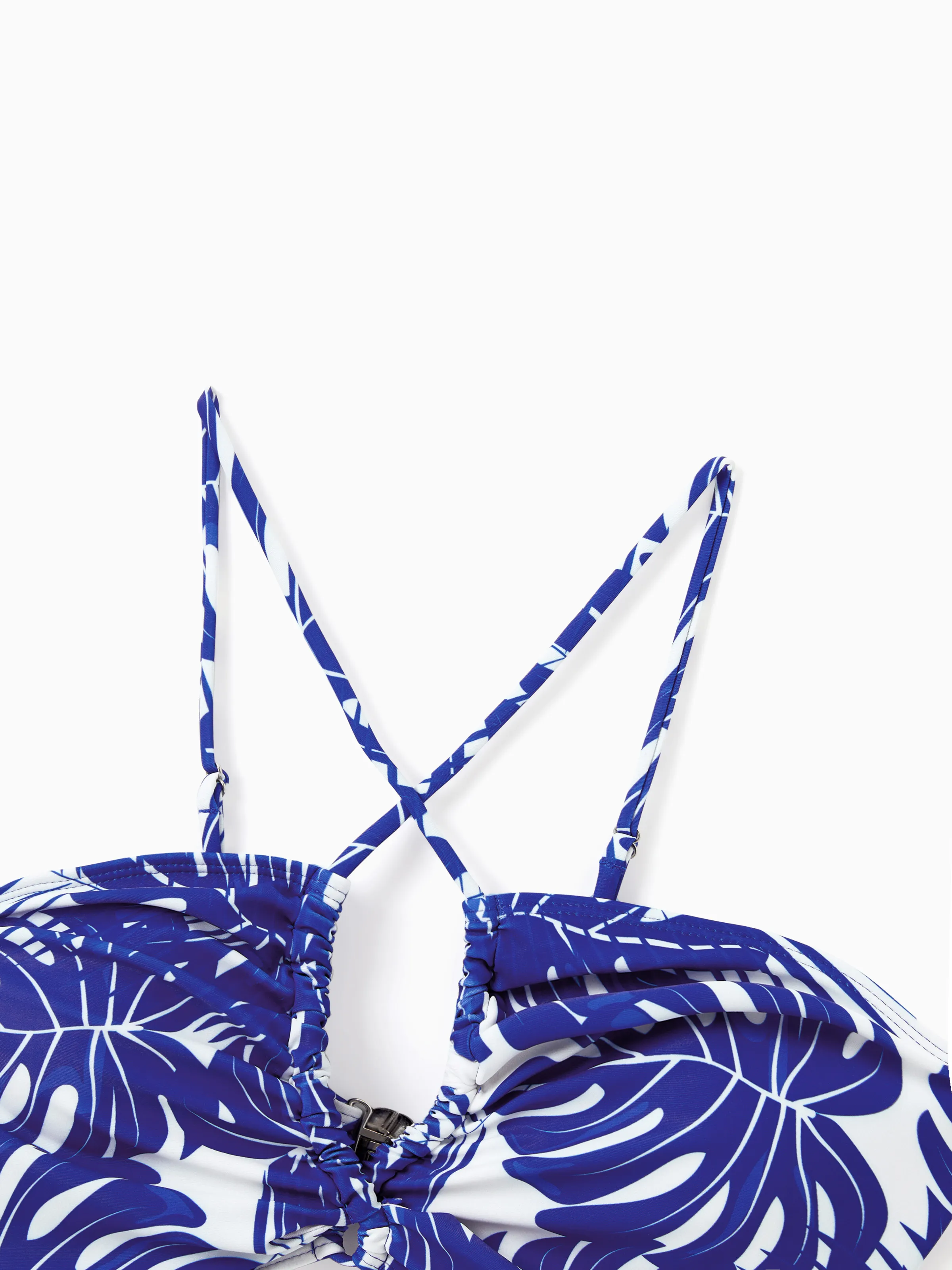 Mommy & me Tropical Leaf Print Hollow-out  Crisscross Straps One-piece Swimsuit Blue - Image 5