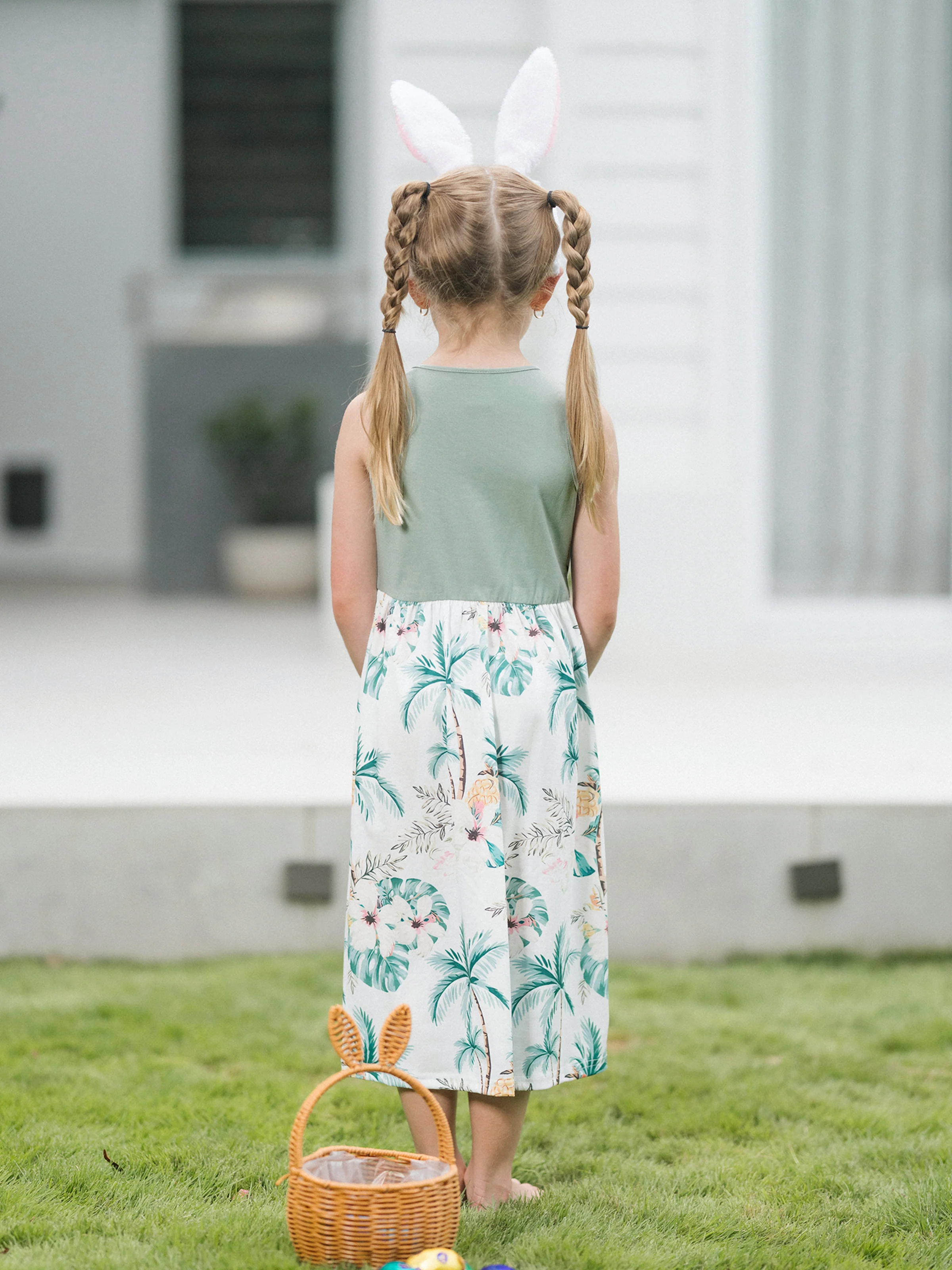 Mommy & me Tropical Print Outfits Mommy & Me Tank Dress & Kids Cotton T-Shirt Set Green - Image 12