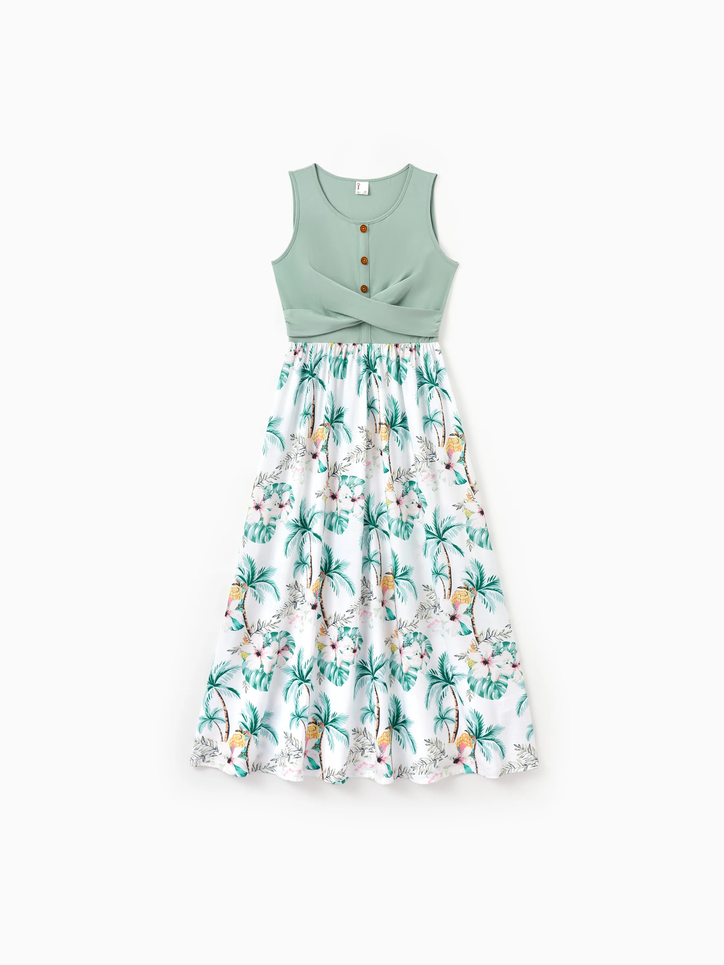 Mommy & me Tropical Print Outfits Mommy & Me Tank Dress & Kids Cotton T-Shirt Set Green - Image 6