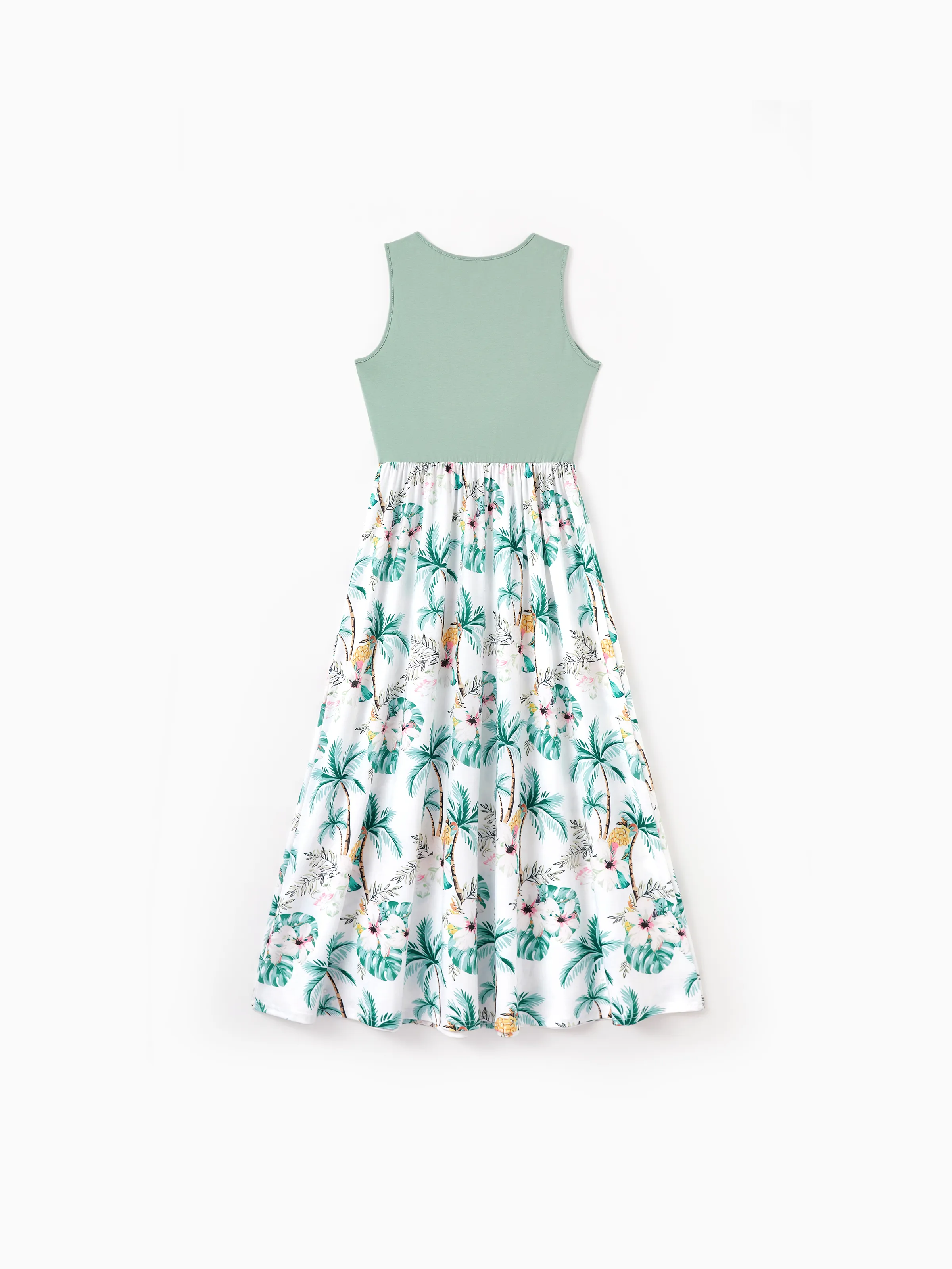 Mommy & me Tropical Print Outfits Mommy & Me Tank Dress & Kids Cotton T-Shirt Set Green - Image 7
