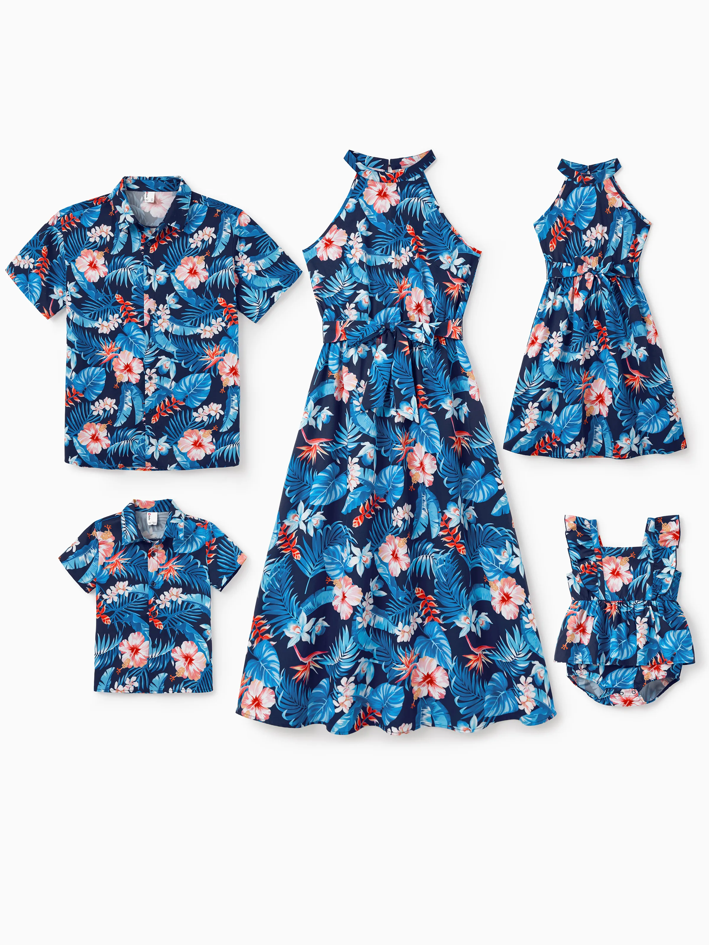 Mommy & me Vacation Set Tropical Floral Print Shirt or Halter Dresses for Dad, Mom, Kids & Baby, Perfect for Summer Holidays & Family Photos Deep Blue - Image 3