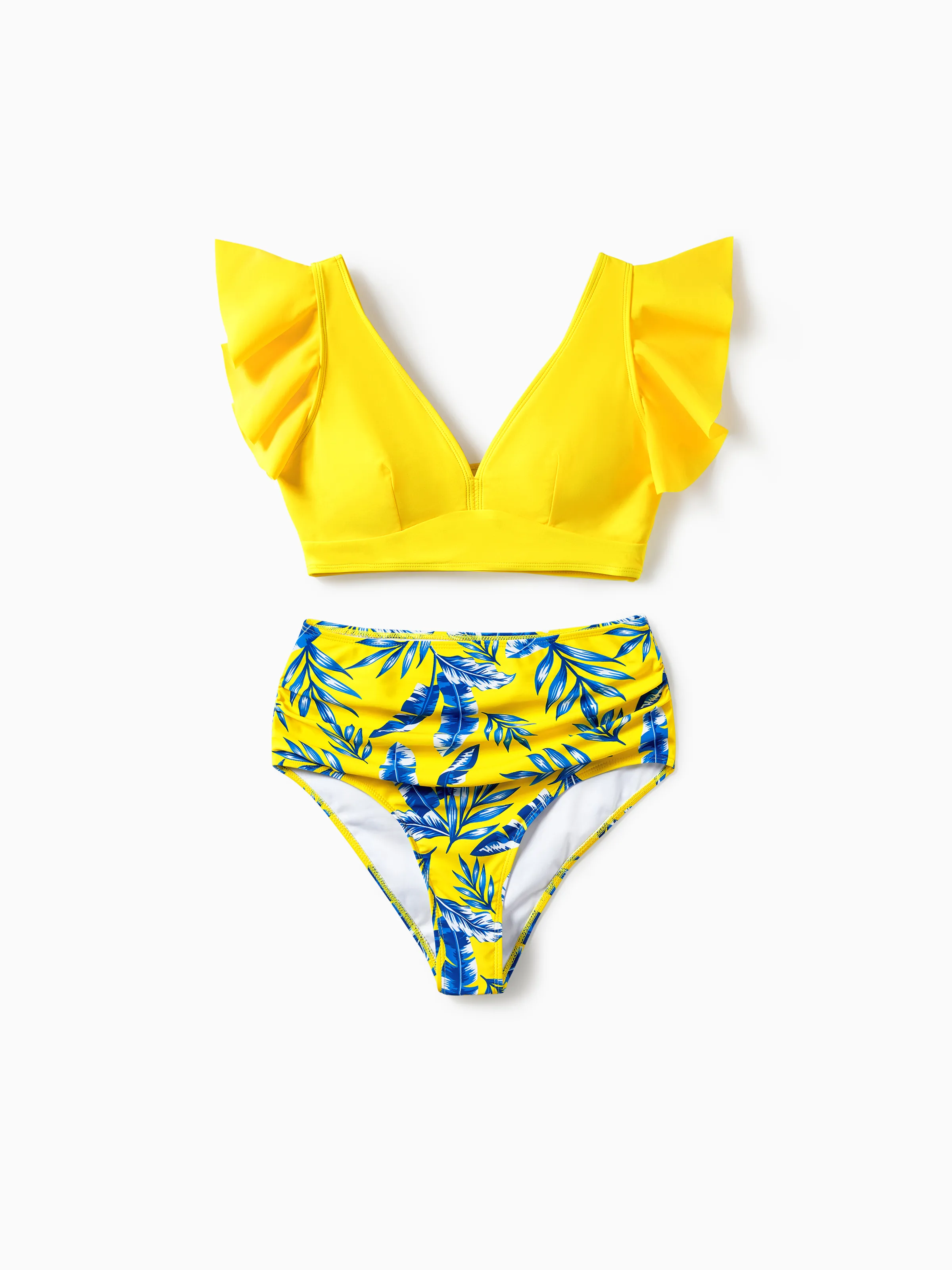 Mommy & me Yellow Leaf Print Ruched Flutter Sleeve Bikini with Optional Swim Cover Up Yellow - Image 3