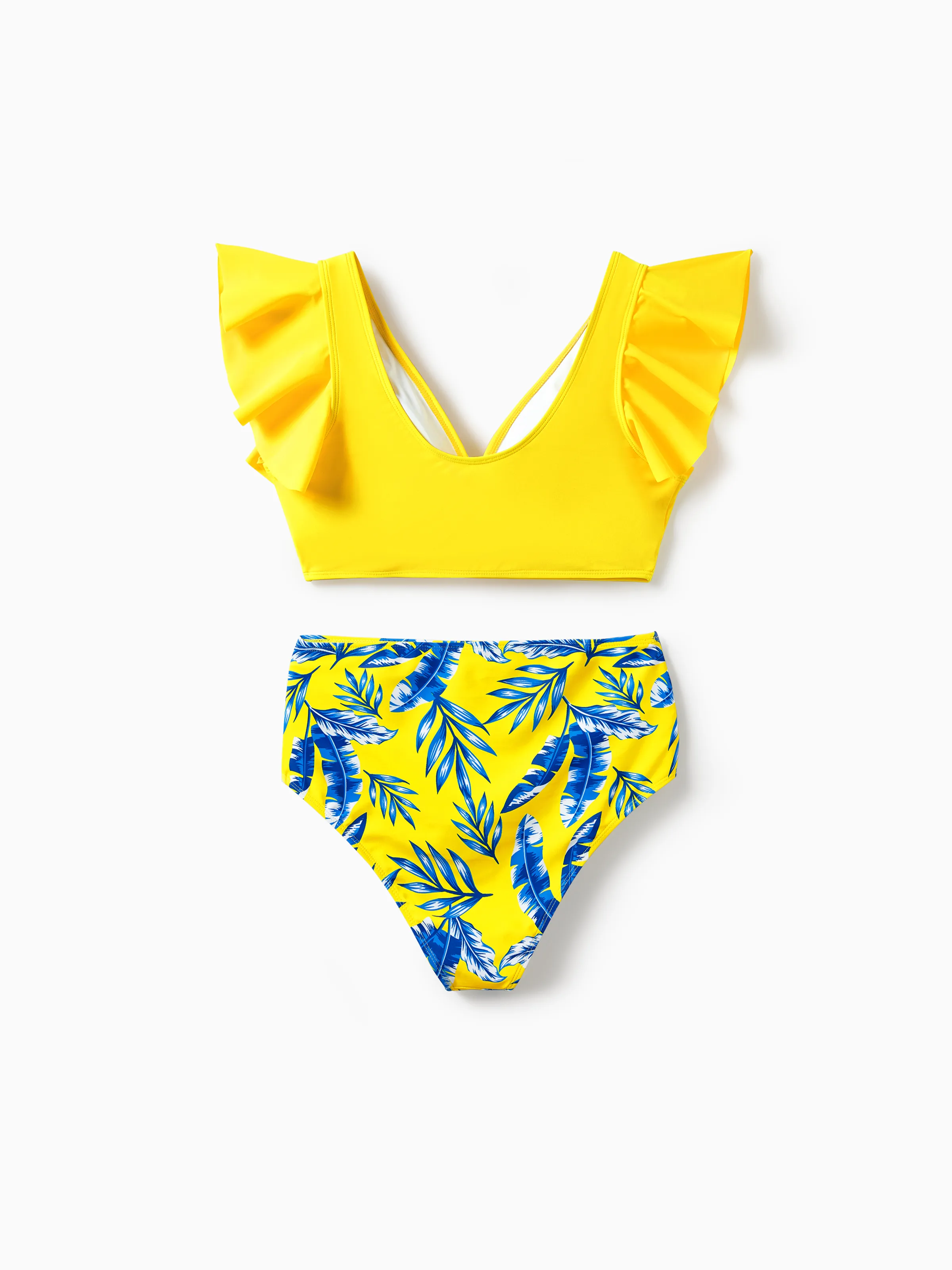 Mommy & me Yellow Leaf Print Ruched Flutter Sleeve Bikini with Optional Swim Cover Up Yellow - Image 4