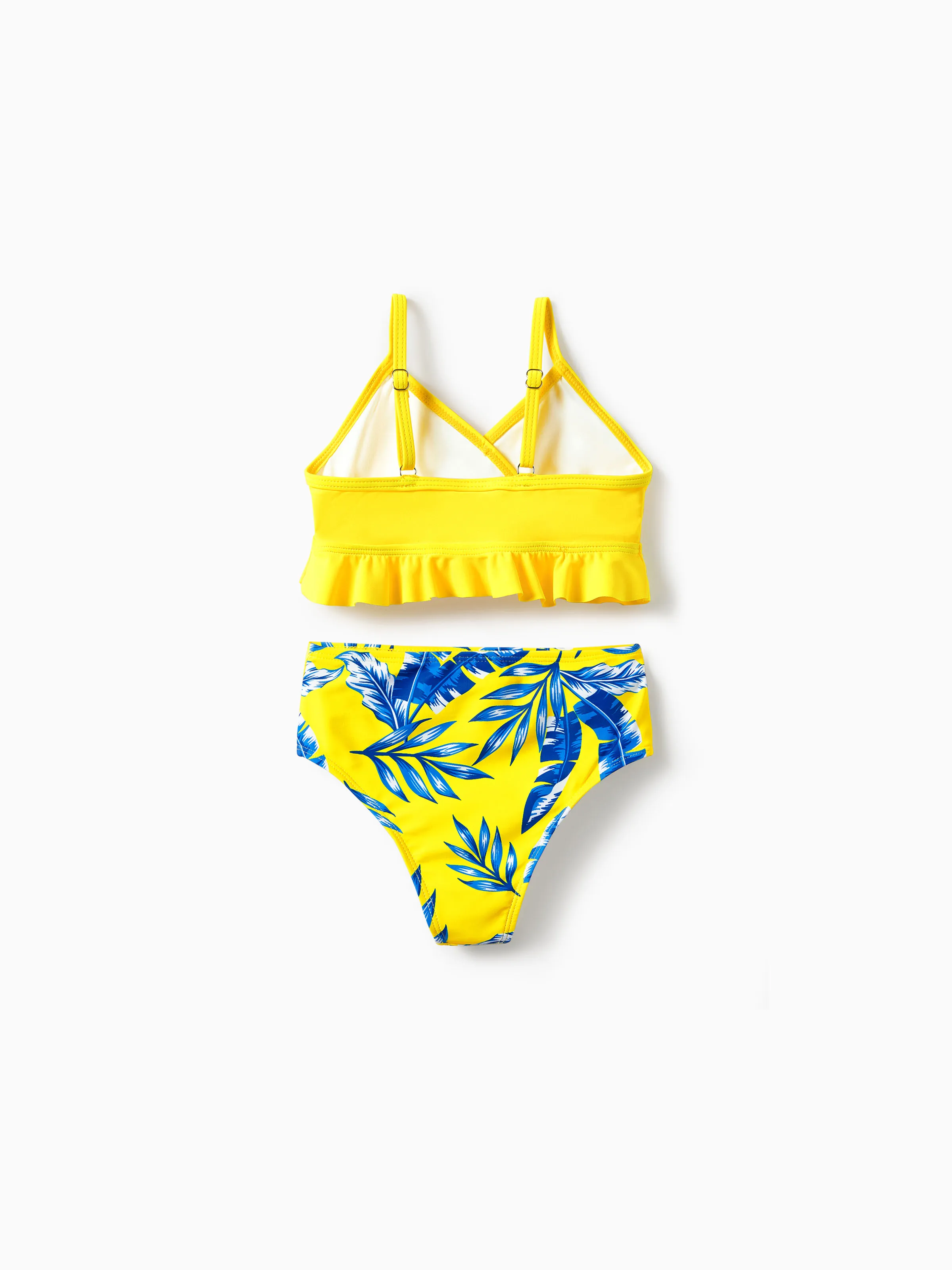Mommy & me Yellow Leaf Print Ruched Flutter Sleeve Bikini with Optional Swim Cover Up Yellow - Image 8