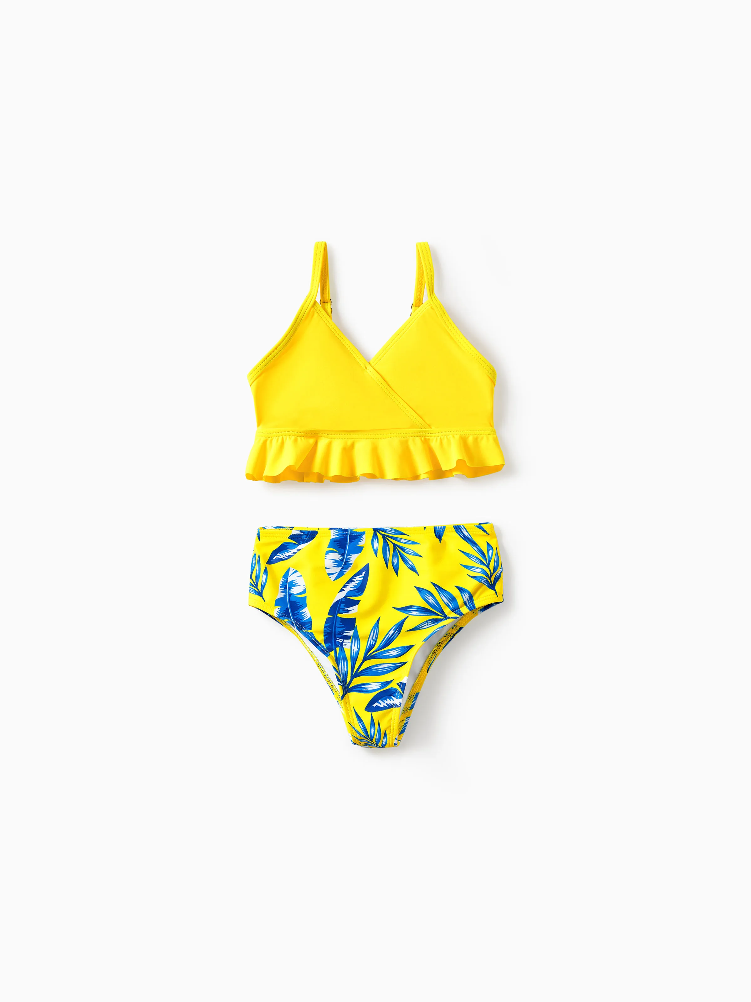 Mommy & me Yellow Leaf Print Ruched Flutter Sleeve Bikini with Optional Swim Cover Up Yellow - Image 9
