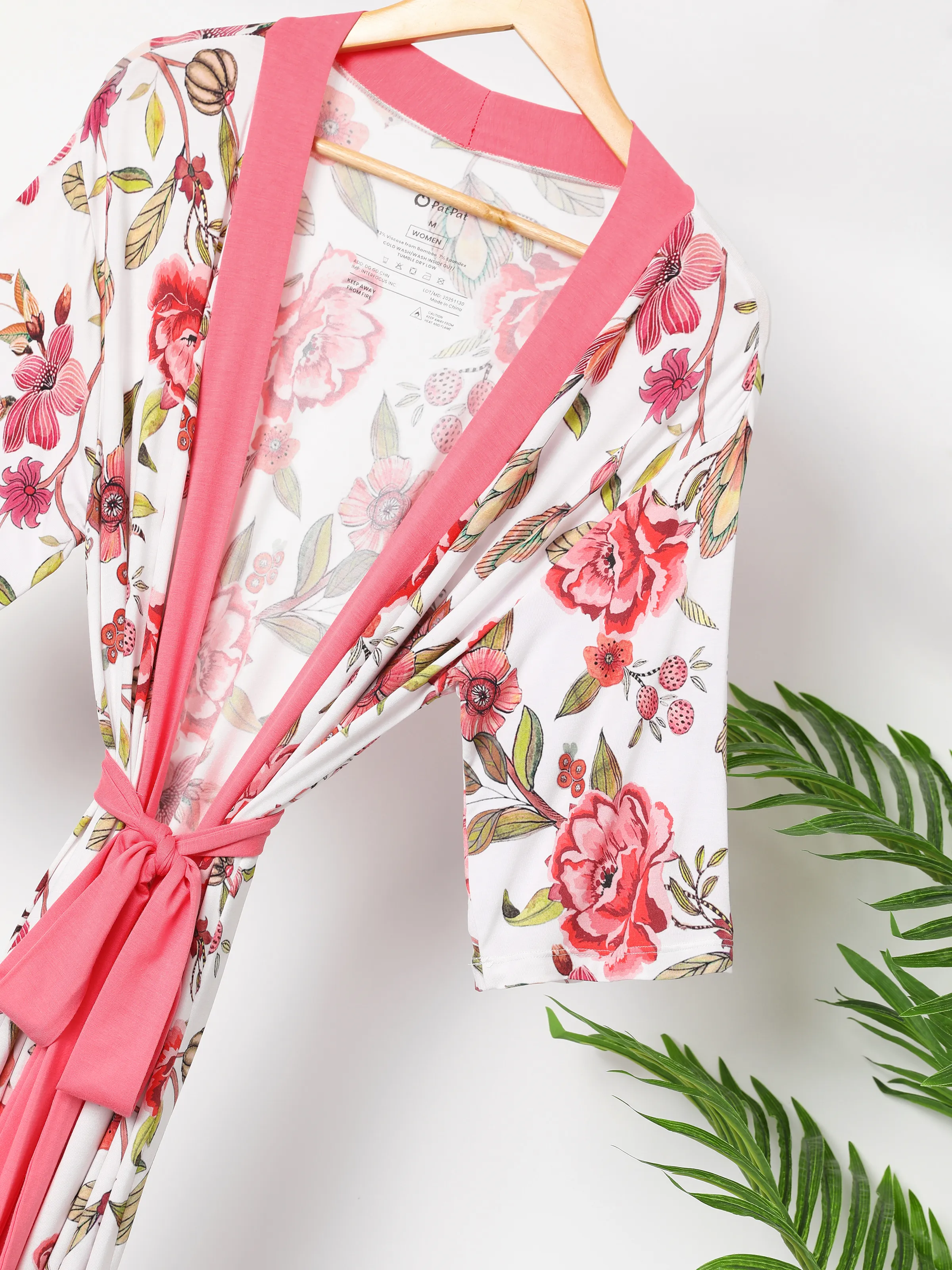 Newborn Bamboo Set for Mommy and Me Floral Bamboo Robe for Mom, Soft Swaddle Blanket with Hat, Gentle & Breathable for Newborn Essentials Peach  Pink - Image 4