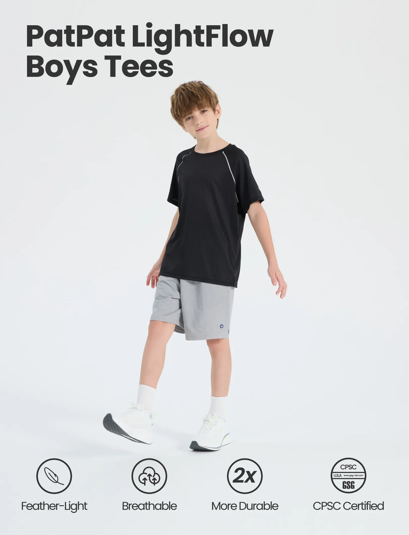 PatPat Lightflow Activewear Kid Boy Athletic Breathable Air-Grid Ultra Lightweight Short Sleeve T-Shirt Black - Image 2