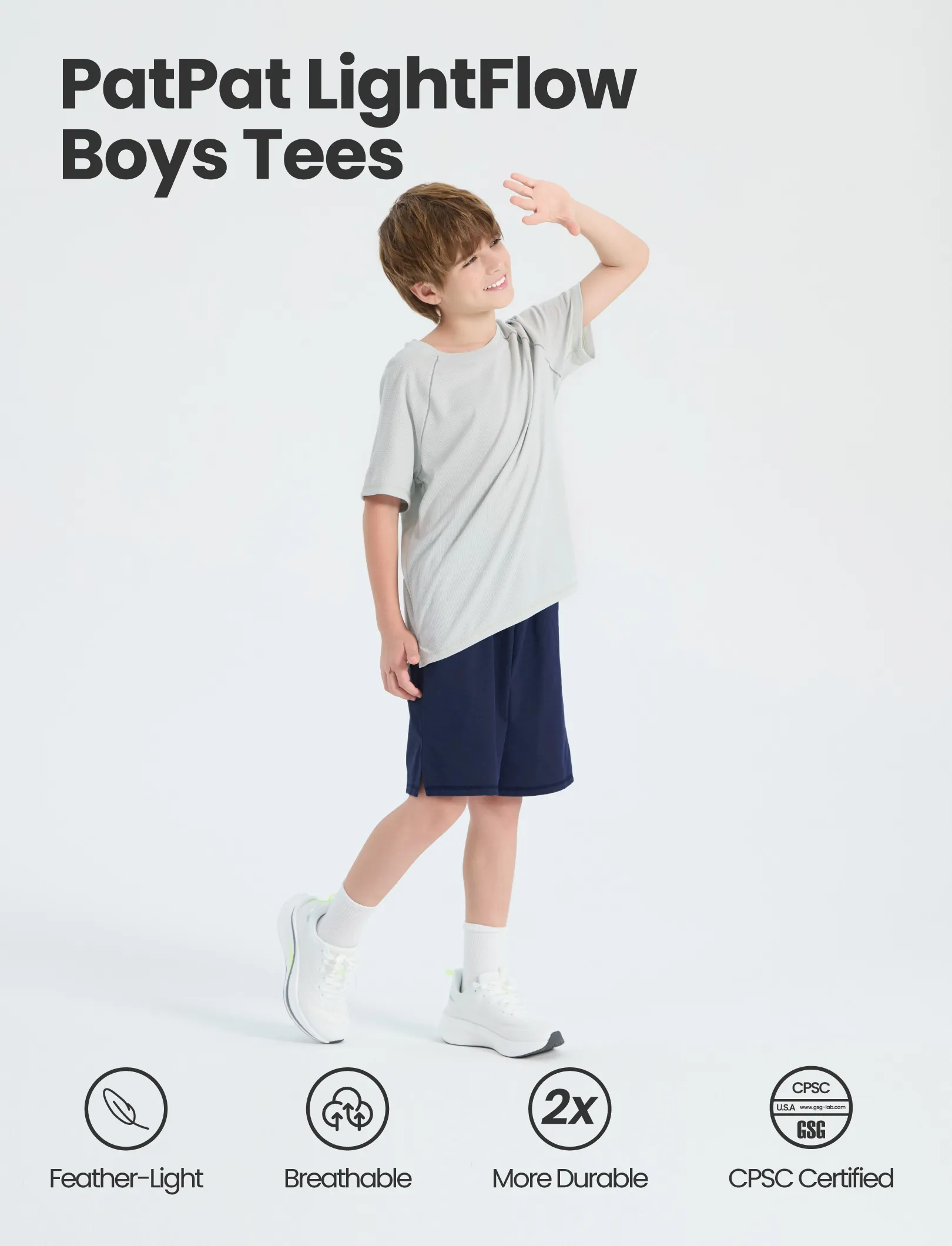 PatPat Lightflow Activewear Kid Boy Athletic Breathable Air-Grid Ultra Lightweight Short Sleeve T-Shirt Grey - Image 2