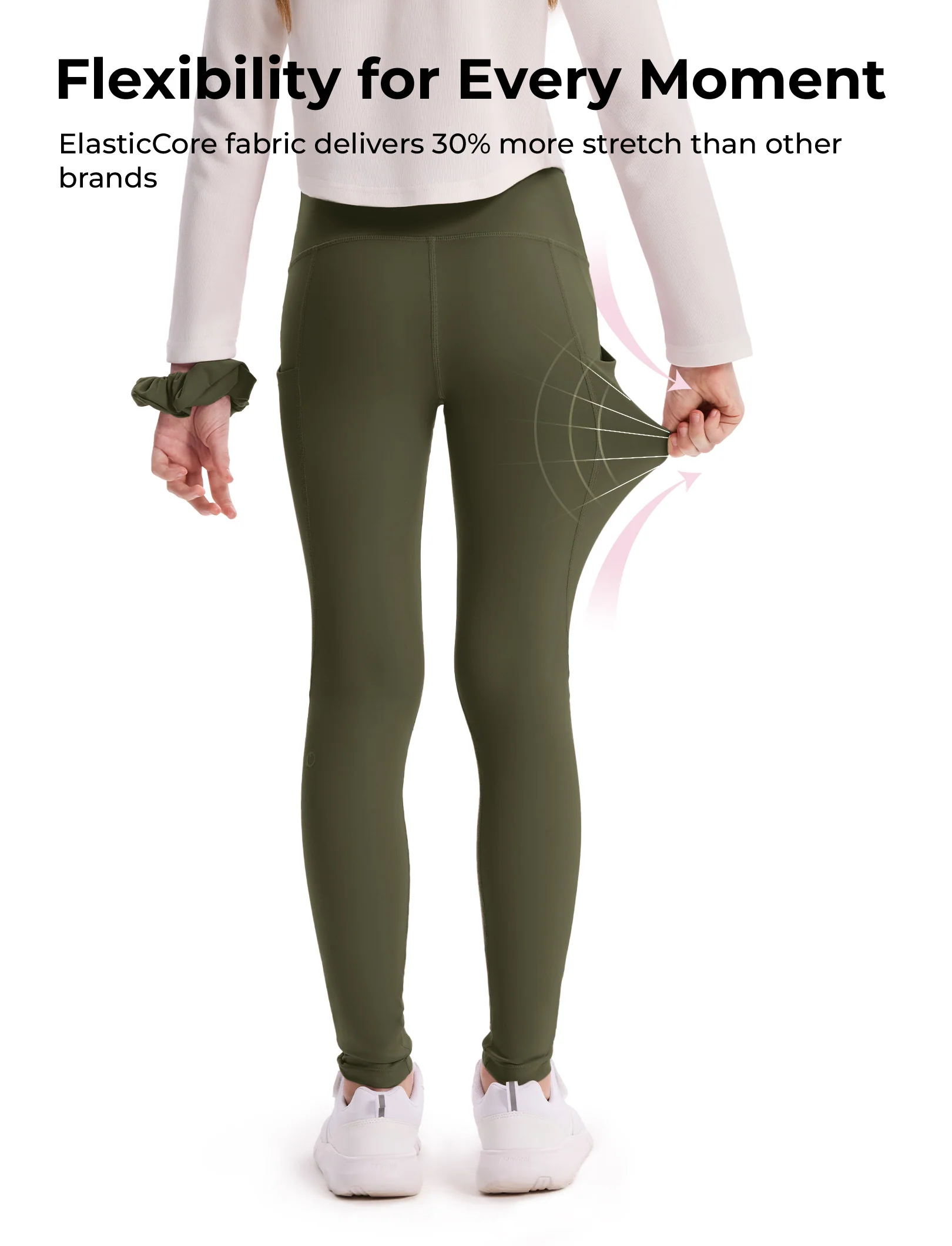 Girl's Leggings High-Waist Yoga Pants Solid Color Leggings with Complimentary Matching Scrunchie Army green - Image 7