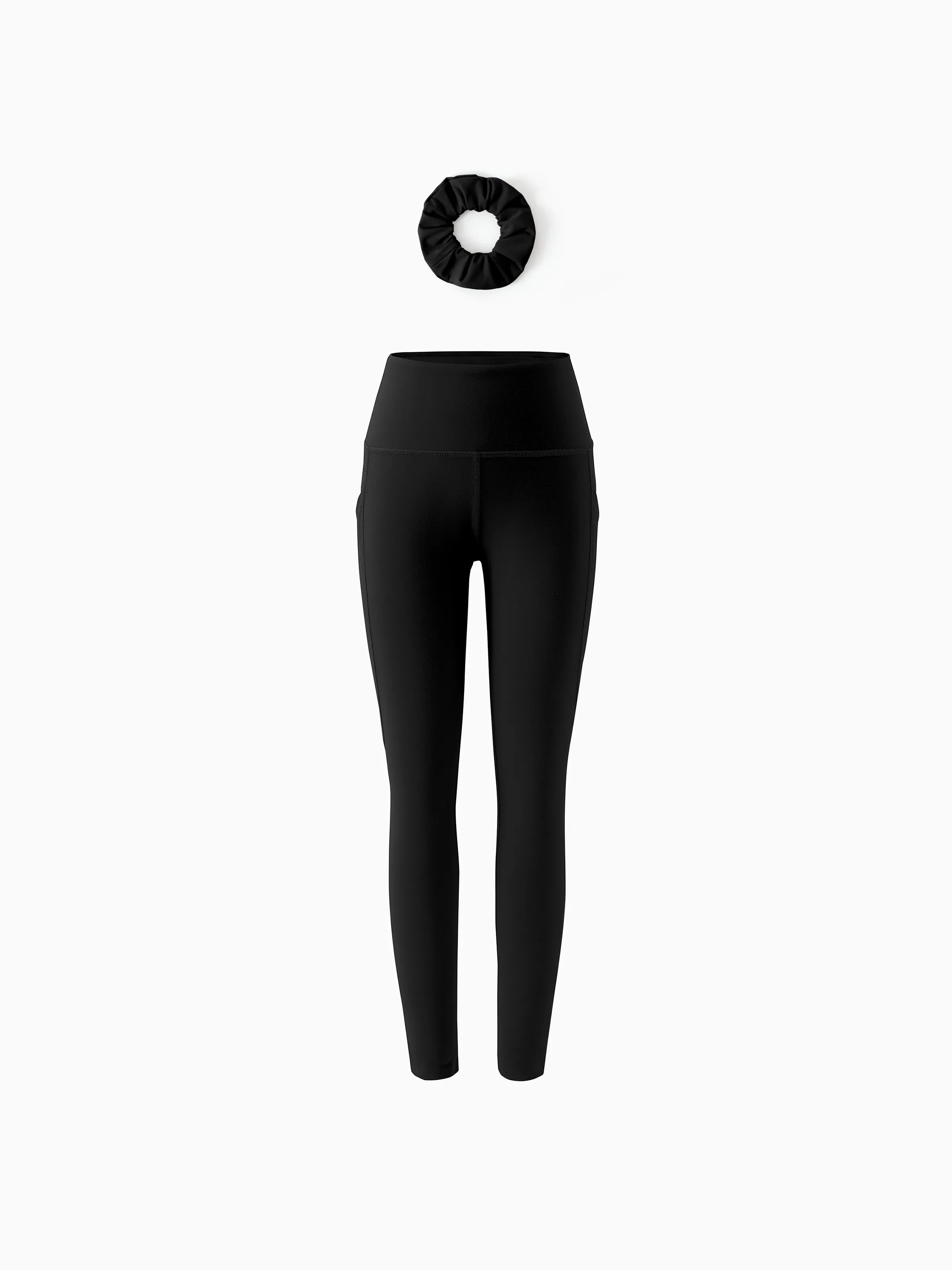 Girl's Leggings High-Waist Yoga Pants Solid Color Leggings with Complimentary Matching Scrunchie Black - Image 2