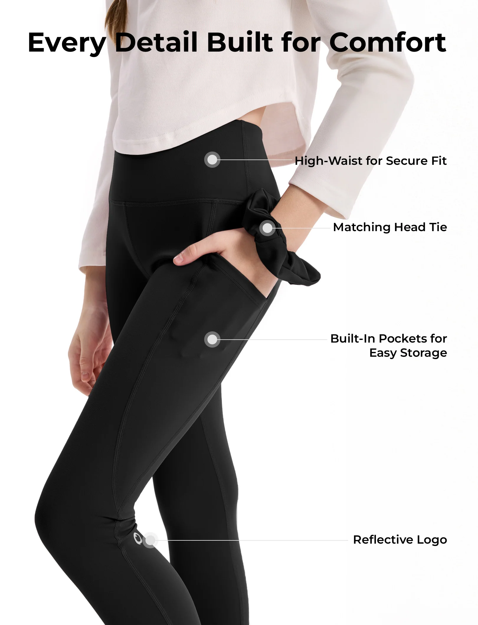 Girl's Leggings High-Waist Yoga Pants Solid Color Leggings with Complimentary Matching Scrunchie Black - Image 8