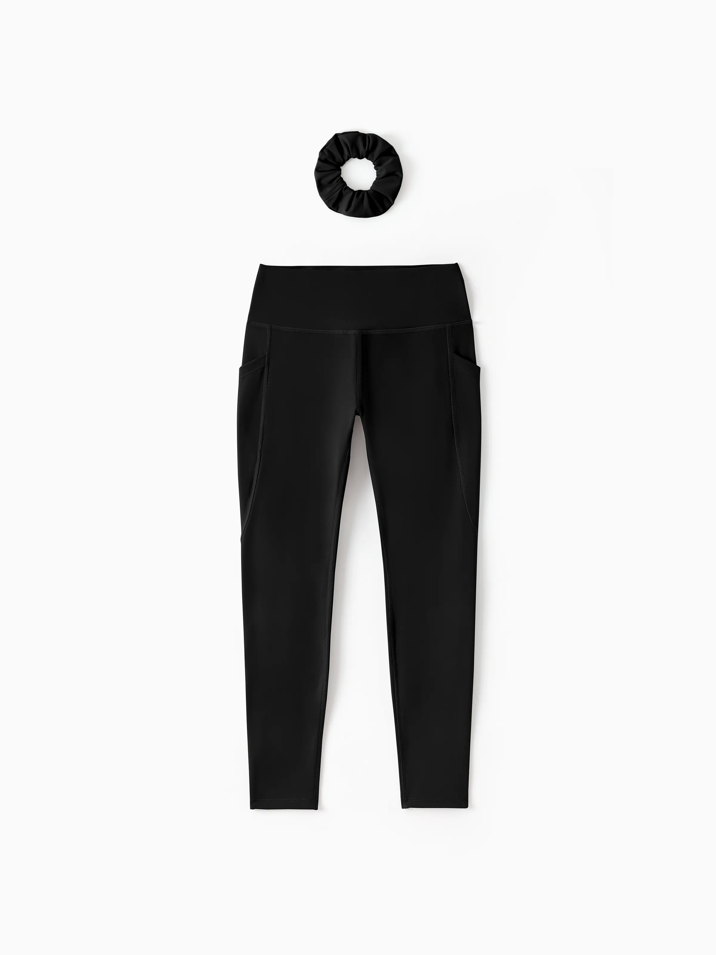 Girl's Leggings High-Waist Yoga Pants Solid Color Leggings with Complimentary Matching Scrunchie Black - Image 9