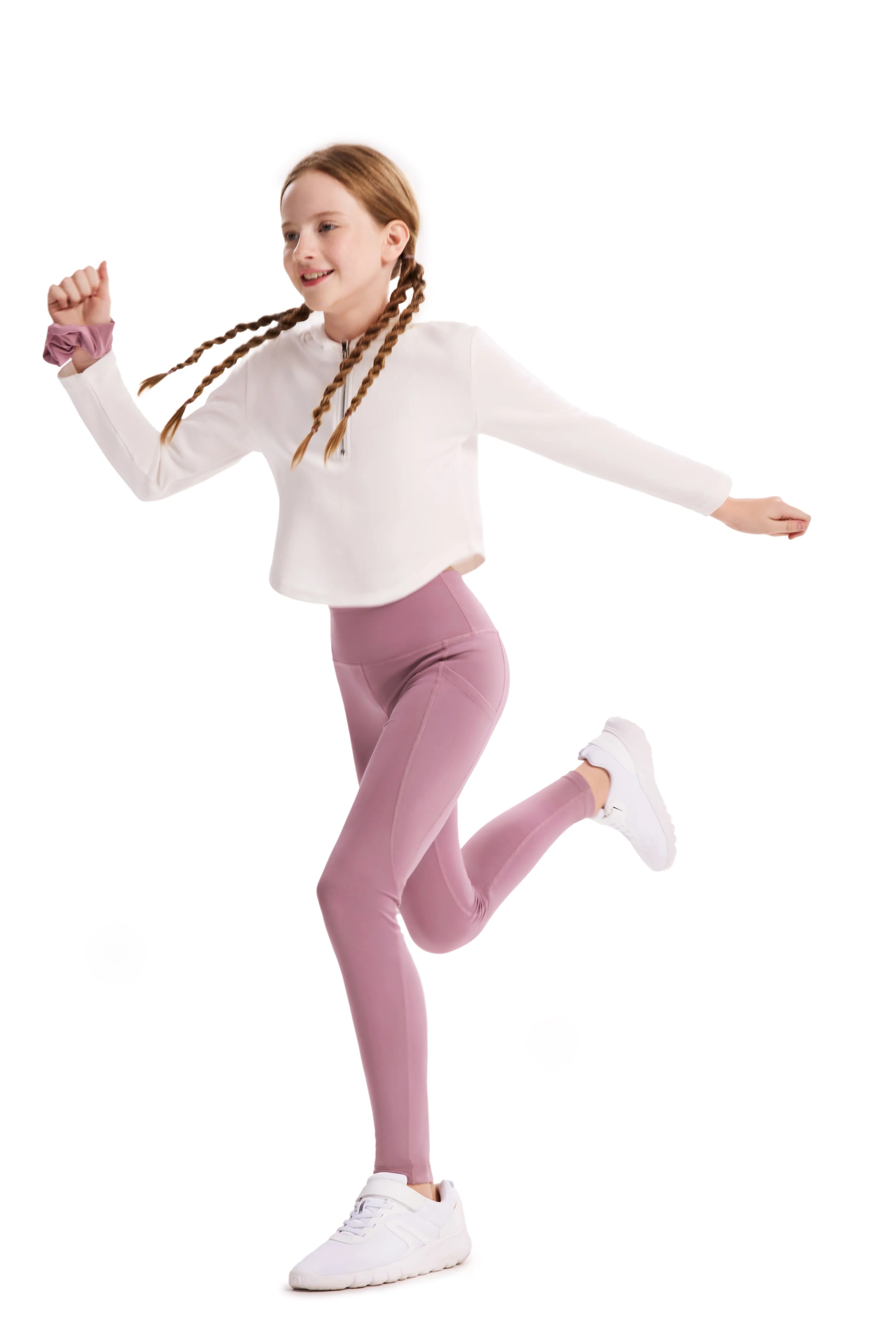 Girl's Leggings High-Waist Yoga Pants Solid Color Leggings with Complimentary Matching Scrunchie Purple - Image 7
