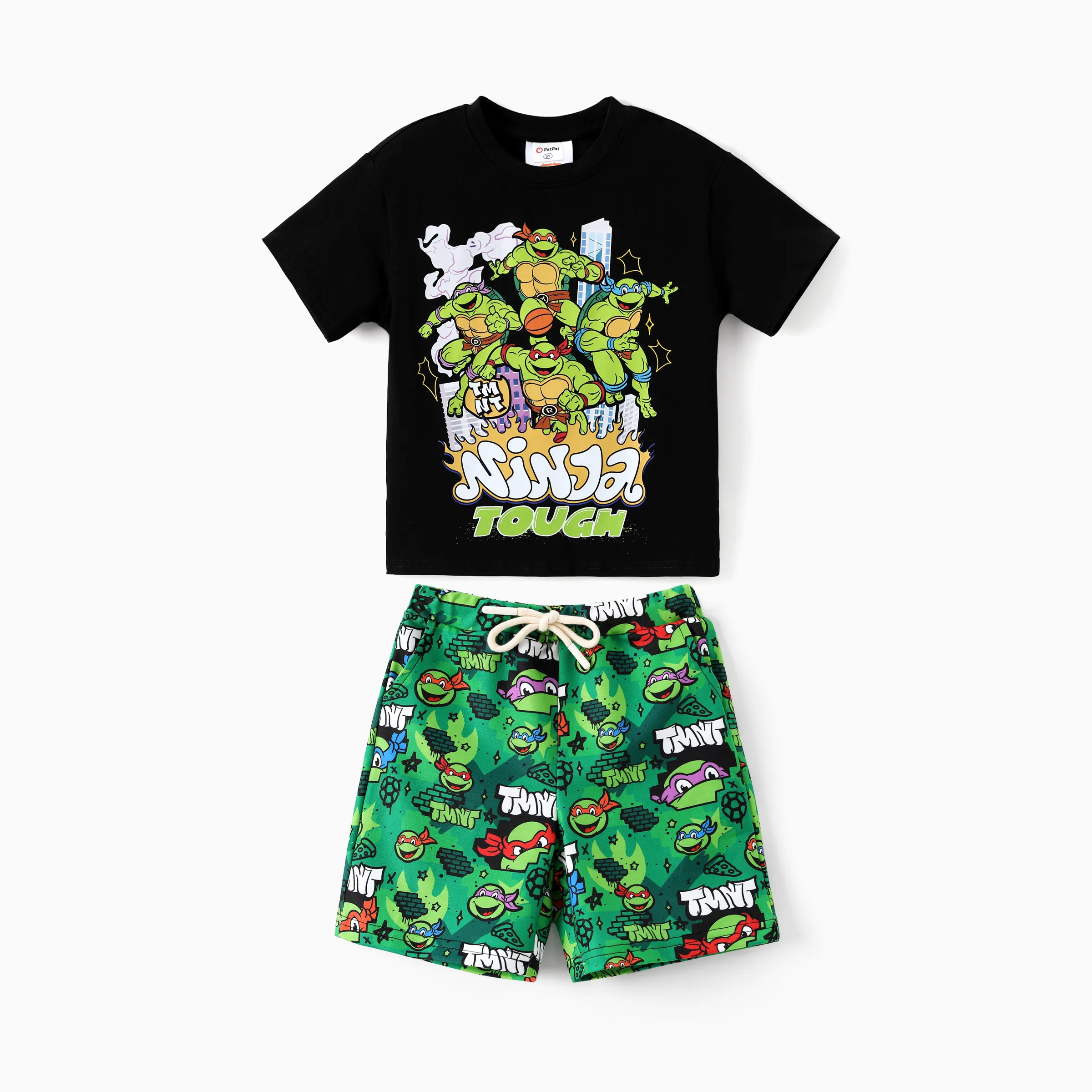 Teenage Mutant Ninja Turtle Toddler/Kid Boy 2pcs Cotton TMNT Character Streetwear Graffiti Print Short-sleeve Top And Shorts Set Green - Image 9
