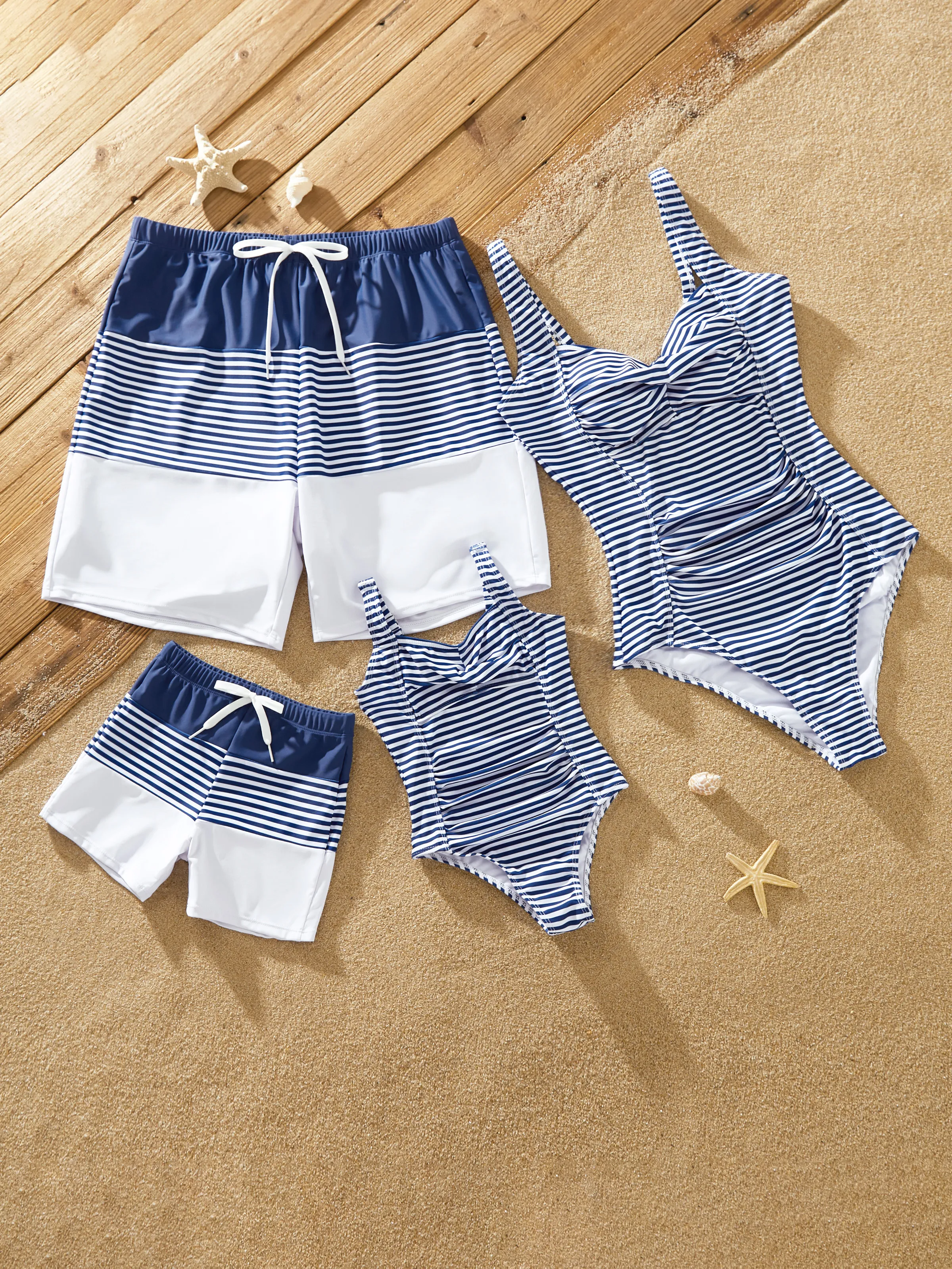 Toddler Boy Stripe Swim trunks - Tight Fit Polyester Spandex Matching Outfits Dark Blue+white - Image 2