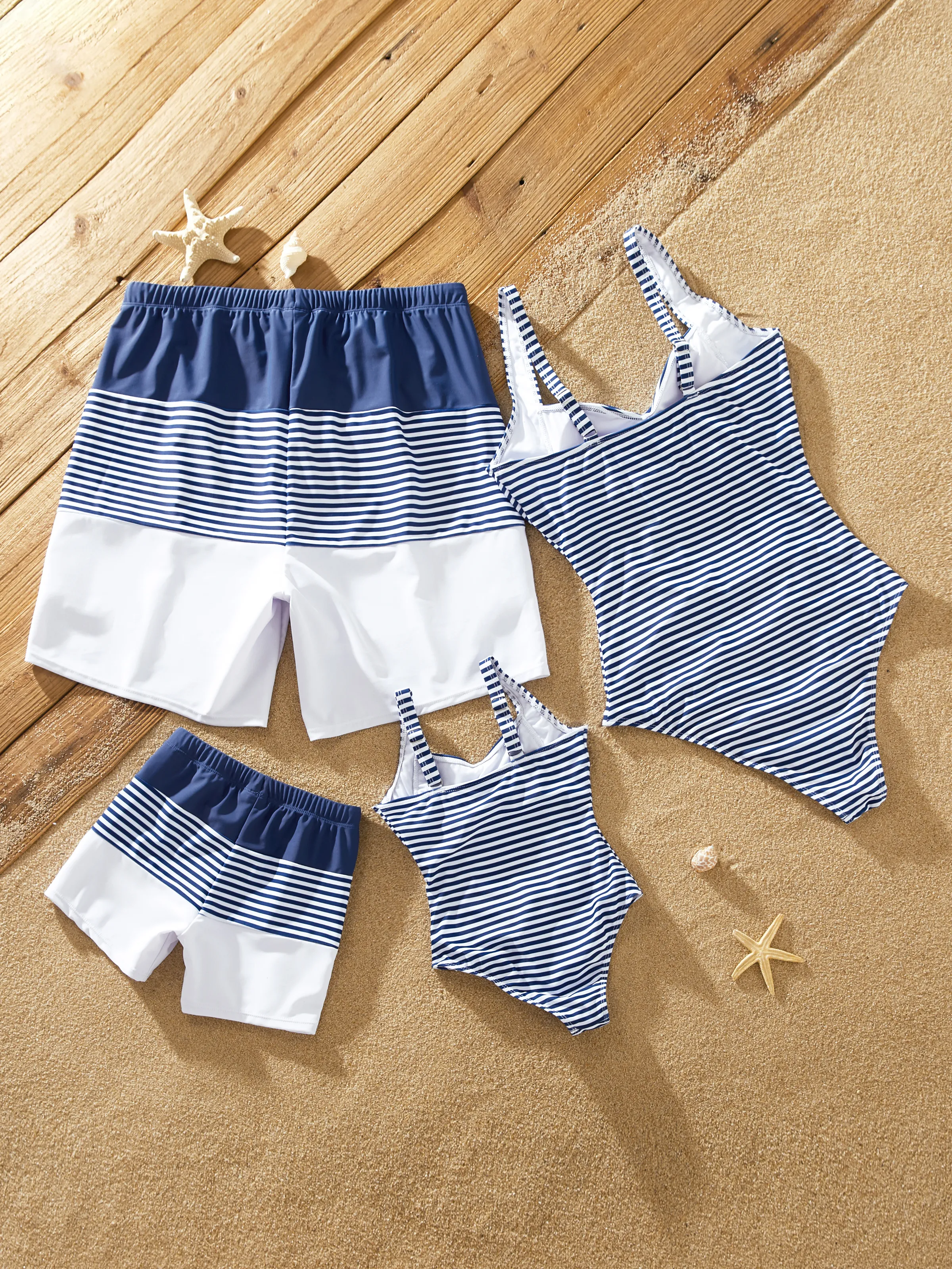Toddler Boy Stripe Swim trunks - Tight Fit Polyester Spandex Matching Outfits Dark Blue+white - Image 3