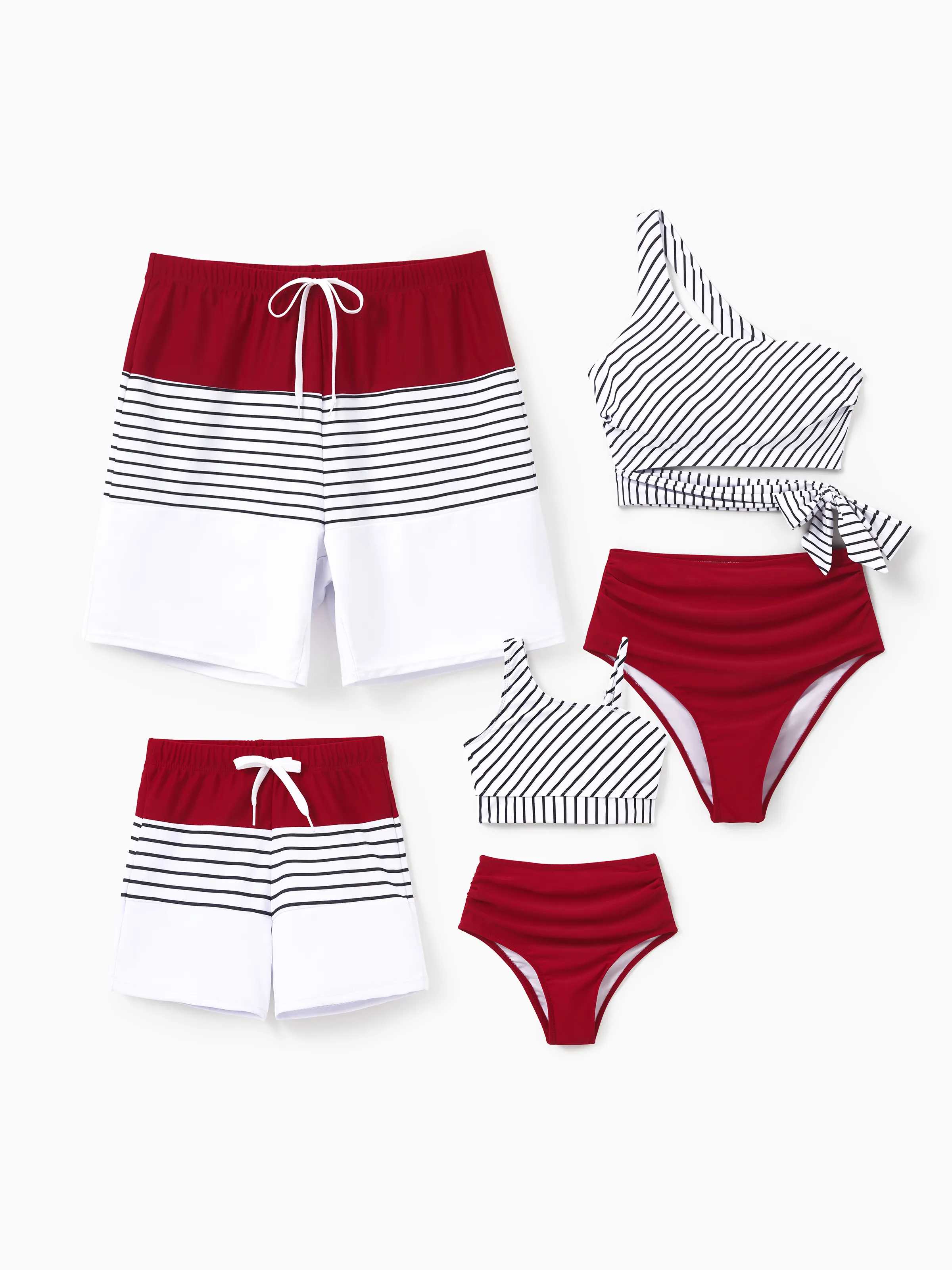Toddler Boy Swimsuits Red Striped Colorblock Swim Trunks Matching Beachwear Outfits for Summer, Cruise, Vacation Red - Image 2