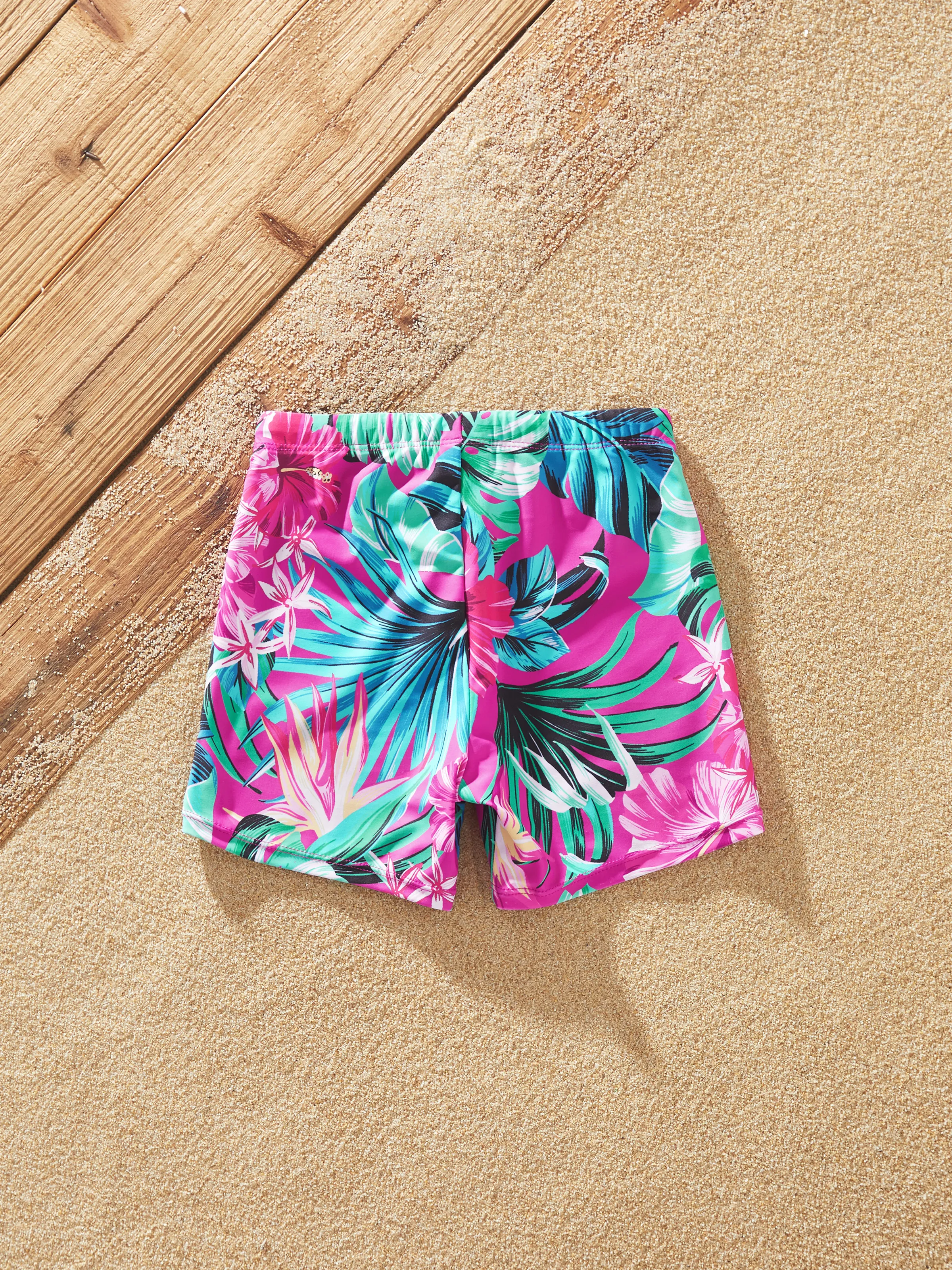 Toddler Boy Swimsuits Tropical Pink Leaf Print Halter Swim Trunks Set Pink - Image 3